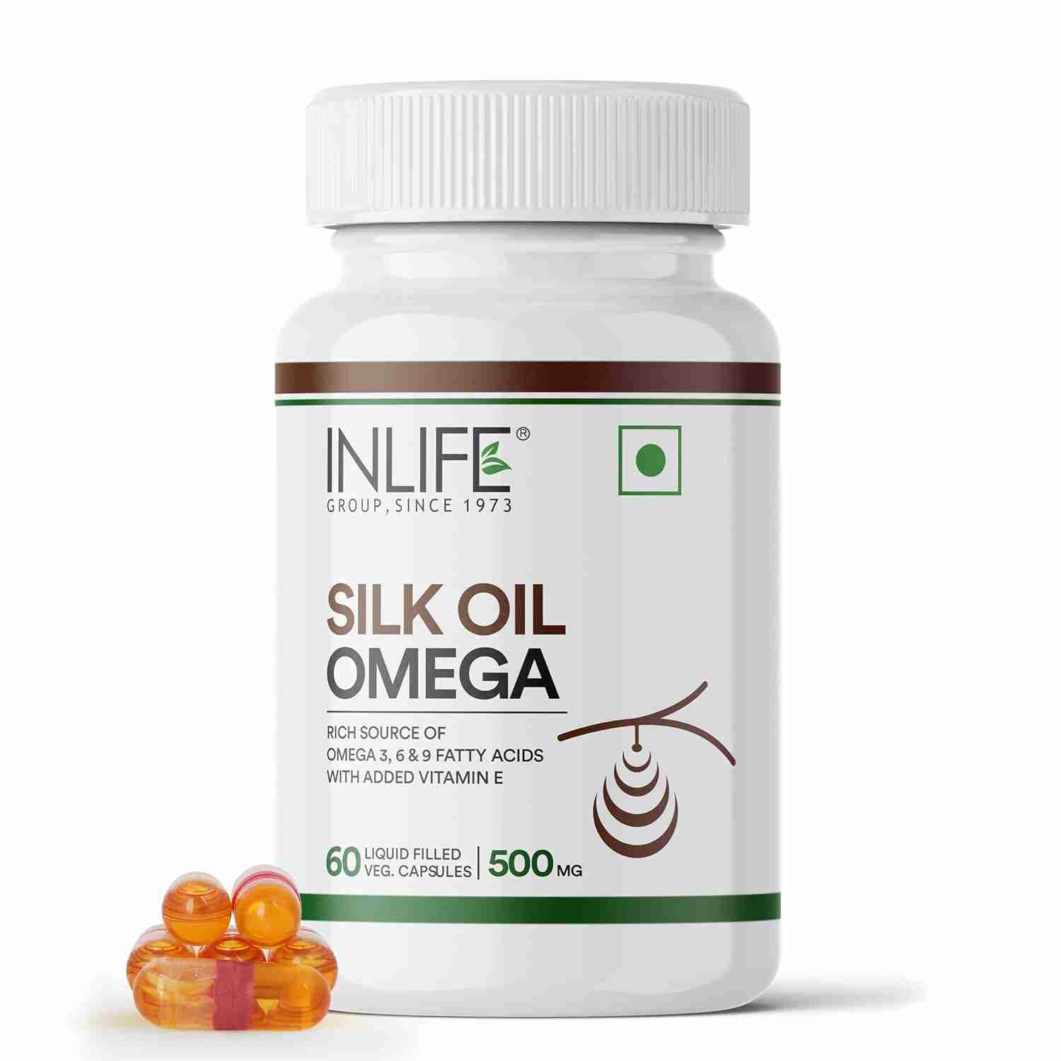 Inlife | Silk Oil Veg Omega 3 6 9 Capsules, Daily Health Supplement for Heart Health, Men Women, 500mg | 60 Veg Cap (Pack of 1, 60)