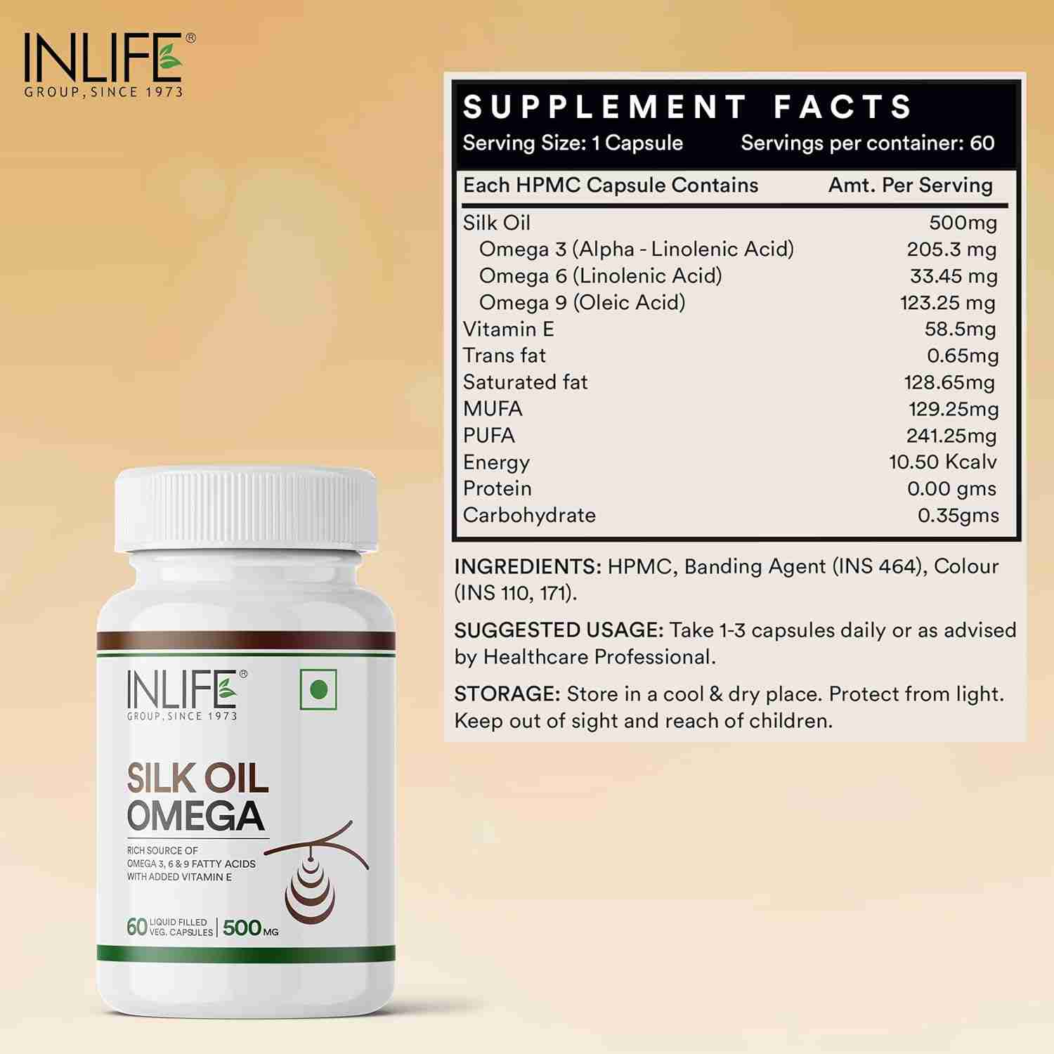 Inlife | Silk Oil Veg Omega 3 6 9 Capsules, Daily Health Supplement for Heart Health, Men Women, 500mg | 60 Veg Cap (Pack of 1, 60)
