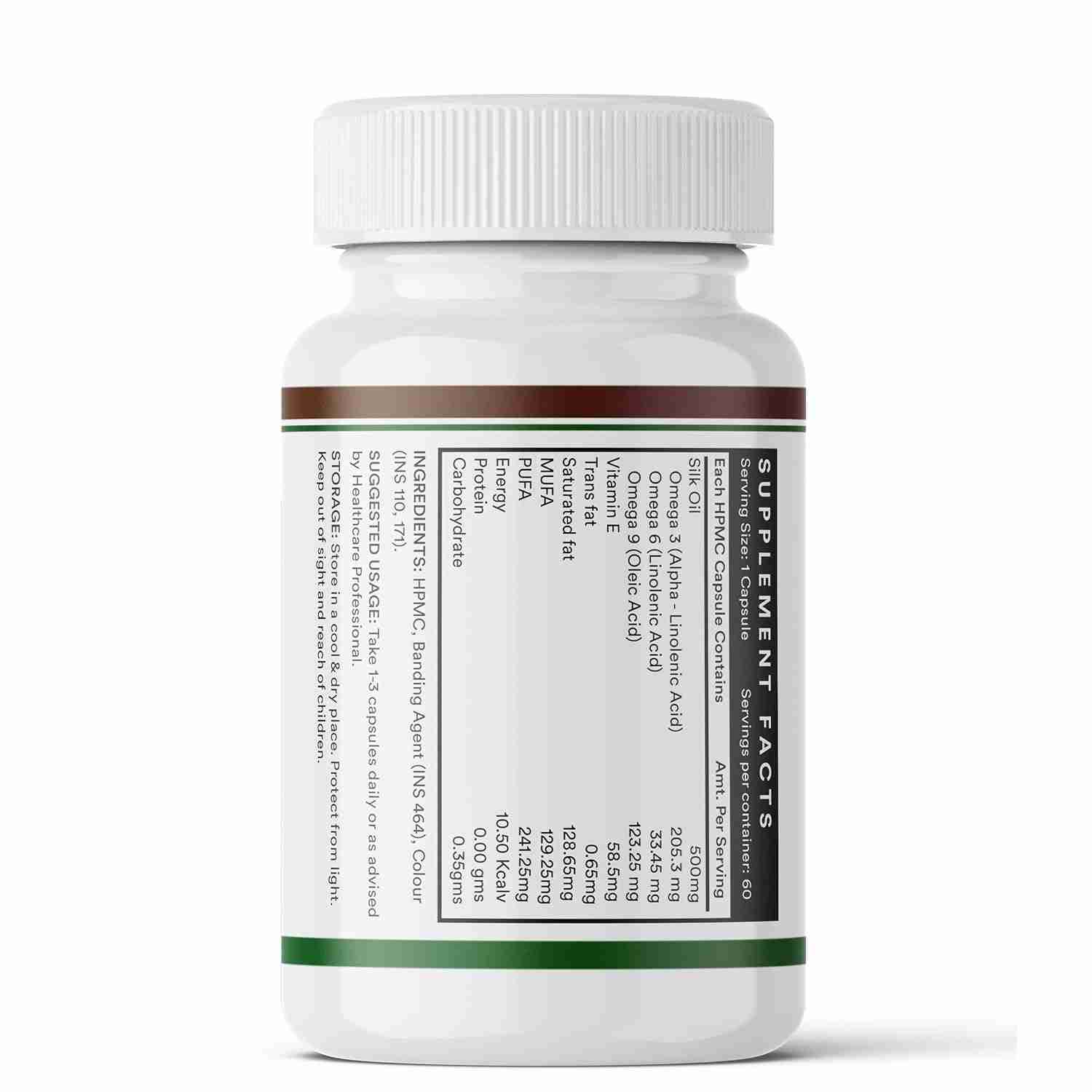 Inlife | Silk Oil Veg Omega 3 6 9 Capsules, Daily Health Supplement for Heart Health, Men Women, 500mg | 60 Veg Cap (Pack of 1, 60)