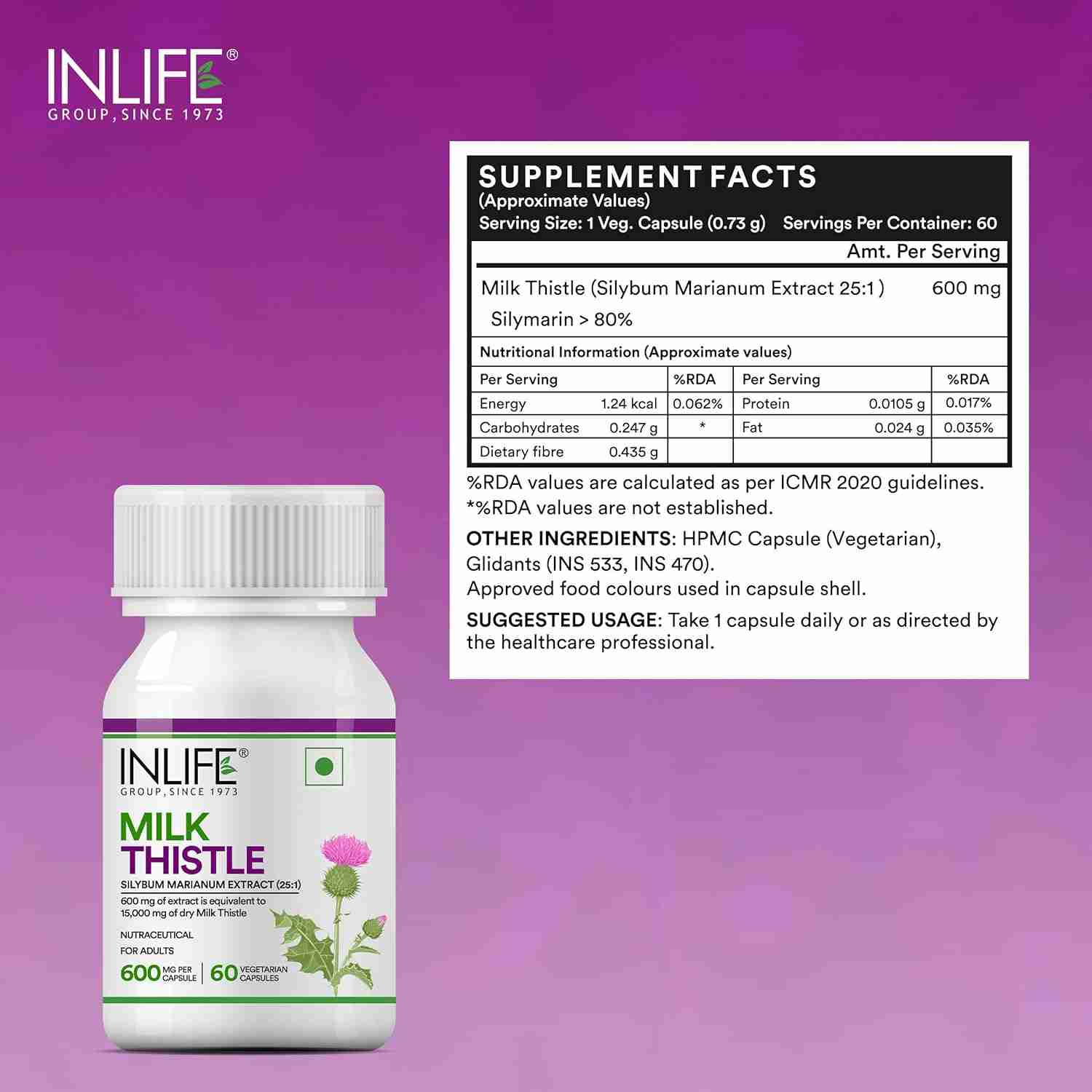 Inlife | Milk Thistle Extract 600mg Capsules | Silybum Marianum Liver Support Supplement | Men and Women | 60 Vegetarian Caps (Pack of 1, 60)