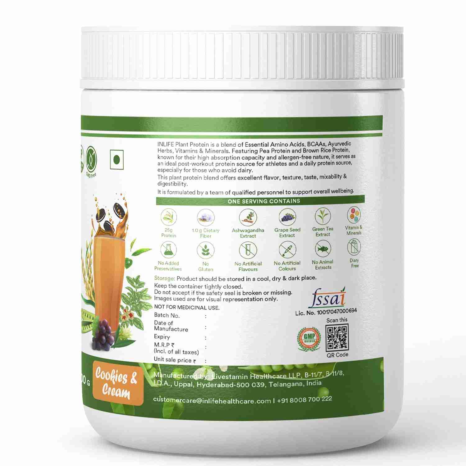 Inlife | Plant Protein Powder | Pea, Quinoa & Brown Rice | 25g Protein | Ashwagandha, Green Tea & Grape Seed Extract | Digestive Enzymes Bodybuilding Supplement (Cookies & Cream, 500g)