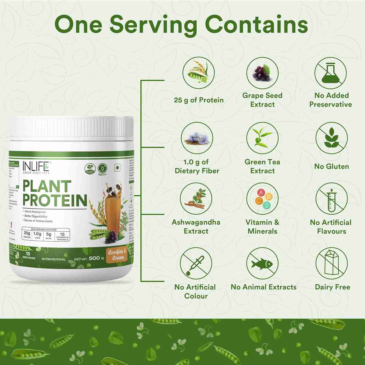 Inlife | Plant Protein Powder | Pea, Quinoa & Brown Rice | 25g Protein | Ashwagandha, Green Tea & Grape Seed Extract | Digestive Enzymes Bodybuilding Supplement (Cookies & Cream, 500g)