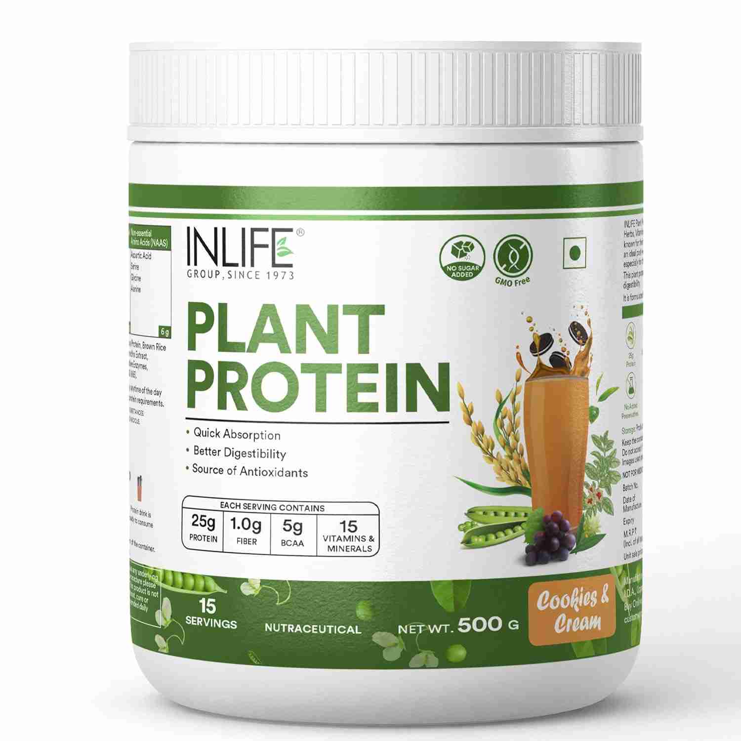 Inlife | Plant Protein Powder | Pea, Quinoa & Brown Rice | 25g Protein | Ashwagandha, Green Tea & Grape Seed Extract | Digestive Enzymes Bodybuilding Supplement (Cookies & Cream, 500g)