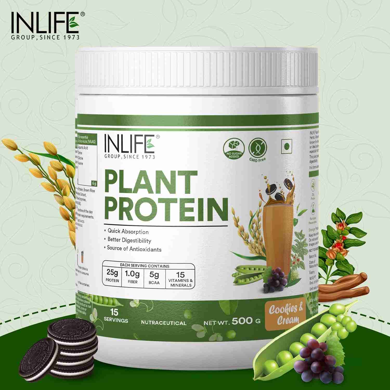 Inlife | Plant Protein Powder | Pea, Quinoa & Brown Rice | 25g Protein | Ashwagandha, Green Tea & Grape Seed Extract | Digestive Enzymes Bodybuilding Supplement (Cookies & Cream, 500g)