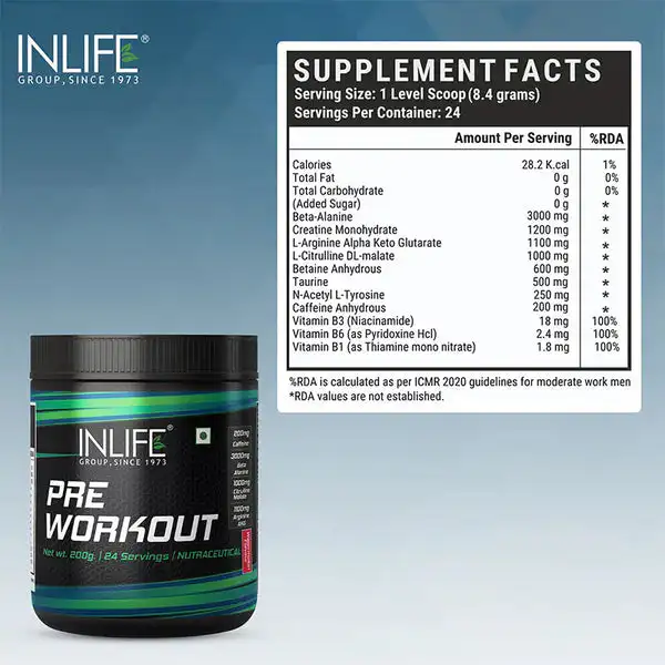 Inlife | Pre|Workout Supplement 200mg Caffeine,1000mg Citrulline,1100mg Arginine AAKG,3000mg B|Alanine,Creatine,Taurine, Betaine Anhydrous Pre Workout Formula Men & Women 200g, 24 Servings (Watermelon)