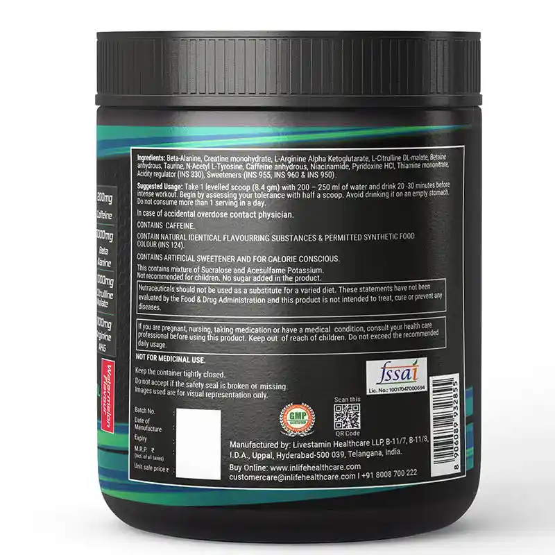Inlife | Pre|Workout Supplement 200mg Caffeine,1000mg Citrulline,1100mg Arginine AAKG,3000mg B|Alanine,Creatine,Taurine, Betaine Anhydrous Pre Workout Formula Men & Women 200g, 24 Servings (Watermelon)