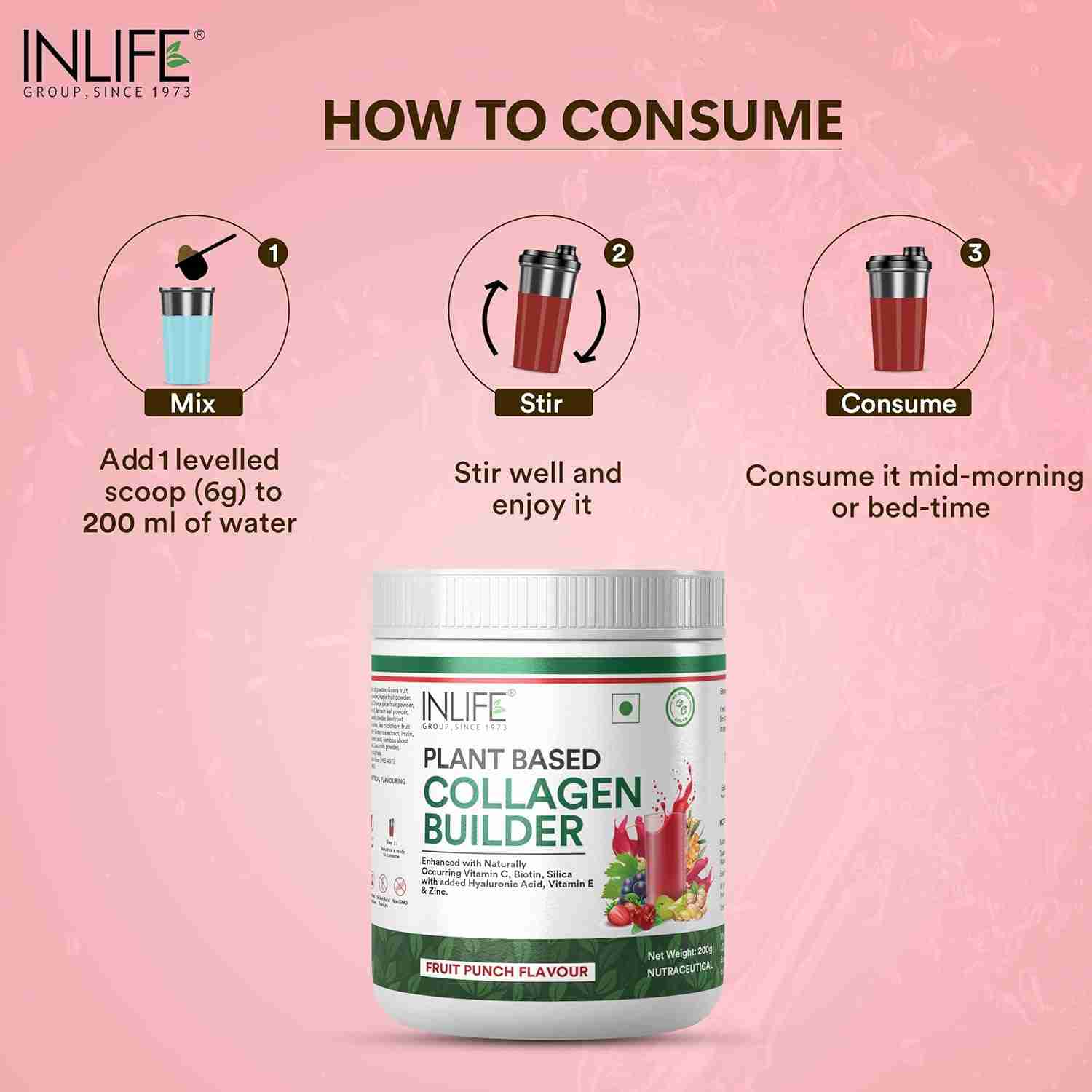 Inlife | Collagen Builder Supplements For Women and Men | Plant Based Collagen Powder for Skin & Hair with Biotin from Sesbania, Vitamin C, Silica, Hyaluronic Acid, Vitamin E, 200g (Fruit Punch)