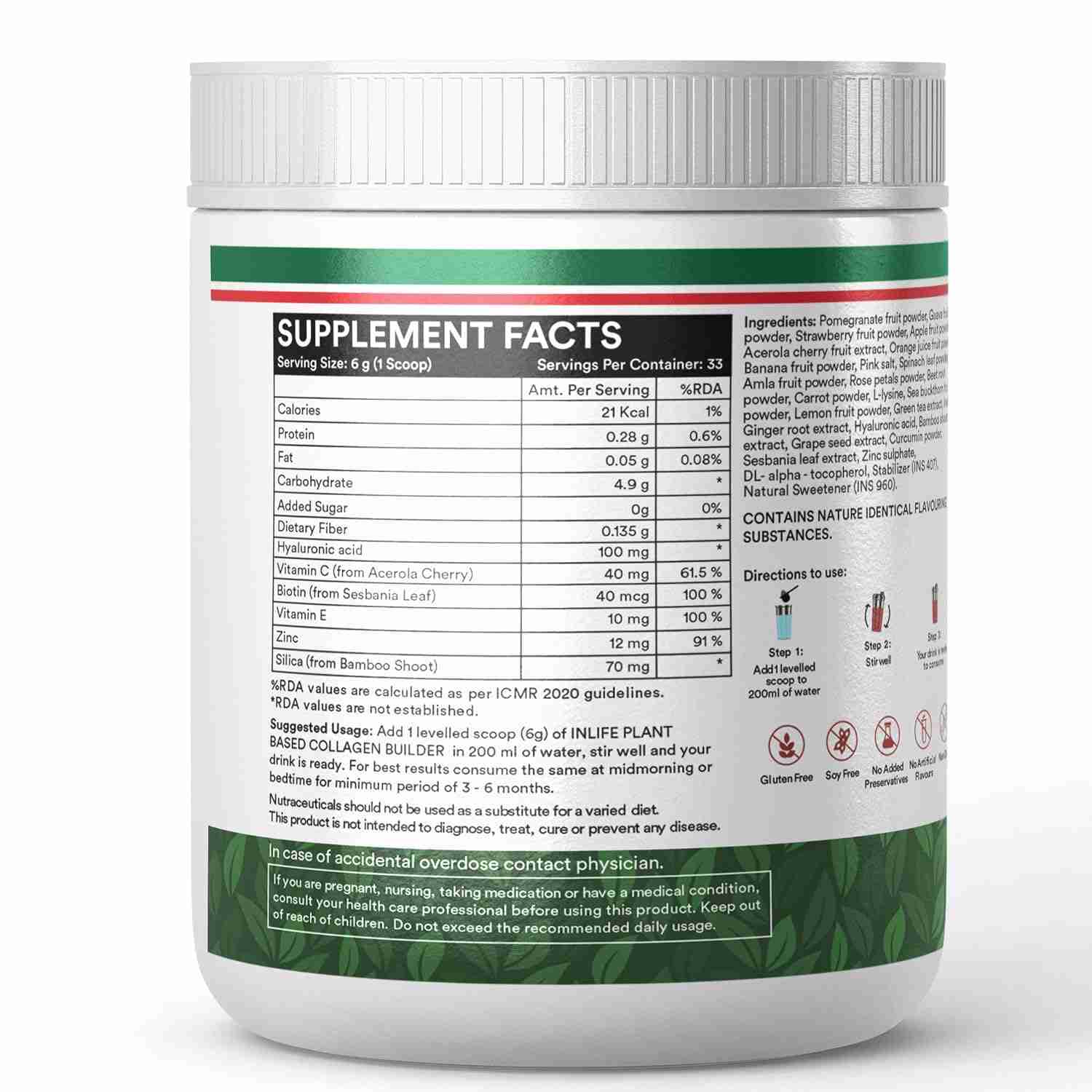 Inlife | Collagen Builder Supplements For Women and Men | Plant Based Collagen Powder for Skin & Hair with Biotin from Sesbania, Vitamin C, Silica, Hyaluronic Acid, Vitamin E, 200g (Fruit Punch)