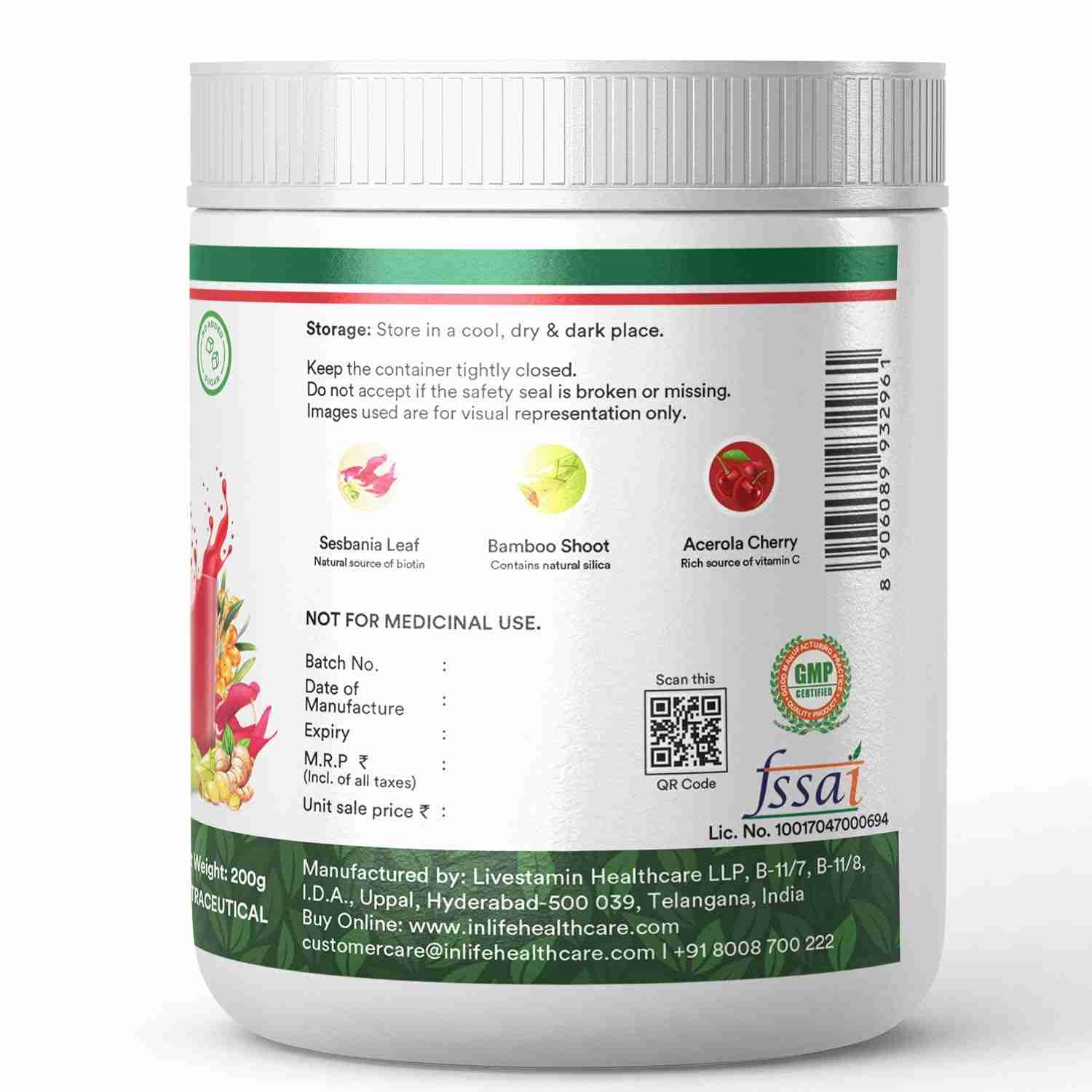 Inlife | Collagen Builder Supplements For Women and Men | Plant Based Collagen Powder for Skin & Hair with Biotin from Sesbania, Vitamin C, Silica, Hyaluronic Acid, Vitamin E, 200g (Fruit Punch)