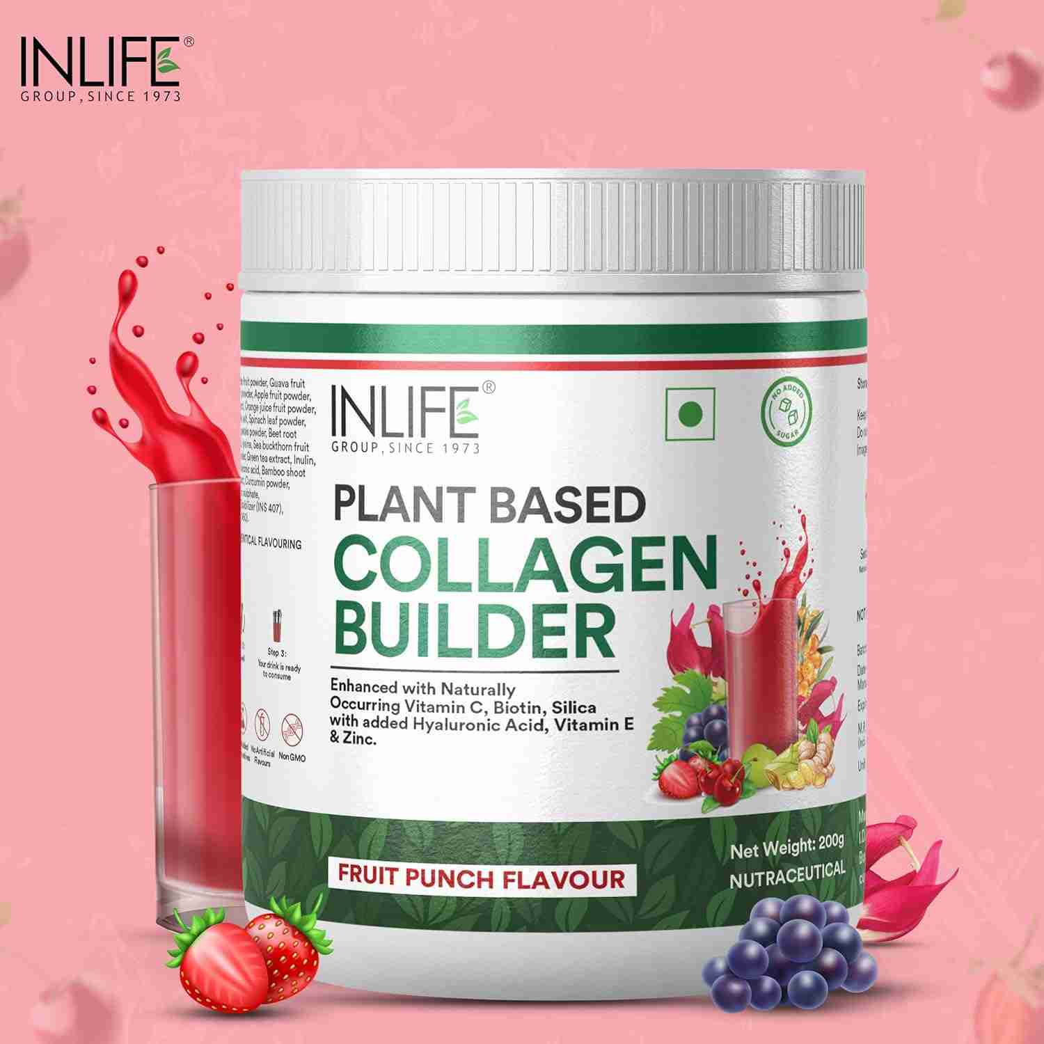 Inlife | Collagen Builder Supplements For Women and Men | Plant Based Collagen Powder for Skin & Hair with Biotin from Sesbania, Vitamin C, Silica, Hyaluronic Acid, Vitamin E, 200g (Fruit Punch)