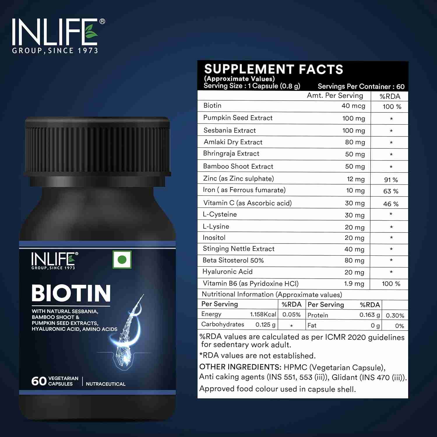 Inlife | Biotin Supplement for Hair | Sesbania, Bamboo Shoot, Bhringraj, Zinc, Vitamin C | for Women Men | 60 Veg Cap (Pack of 1, 60)