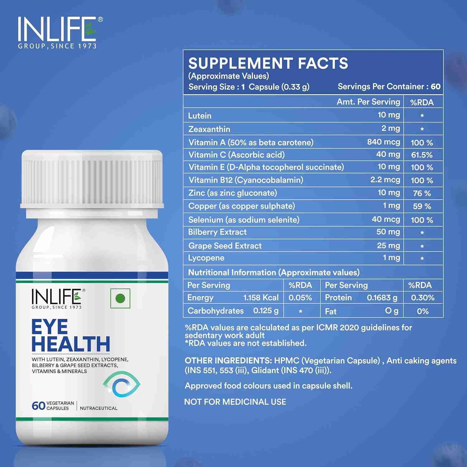 Inlife | Eye Health Supplements | Eye Care Vitamins Lutein, Zeaxanthin, Grape Seed, Bilberry, Zinc, Selenium, Lycopene | 60 Veg Cap (Pack of 1, 60)