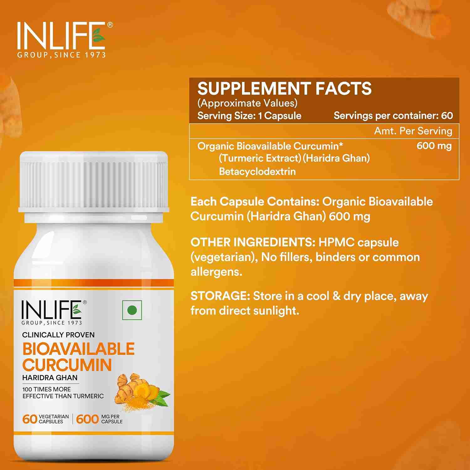Inlife | Bioavailable Curcumin Capsules | Curcumin Supplement | Clinically Proven Ingredient | Supports Immune Health, 600mg | 60 Capsules (Pack of 1)
