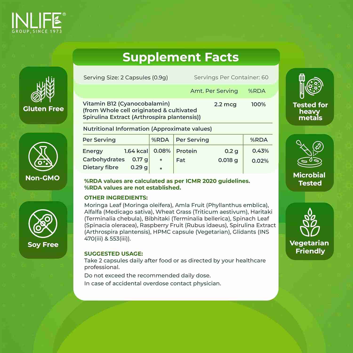 Inlife | Plant Based Vitamin B12 Supplements for Men & Women | Supports Nerve Health & Brain Health | Superfood Formula | B12 from Spirulina Extract | 120 Veg Cap (Pack of 1, 120)