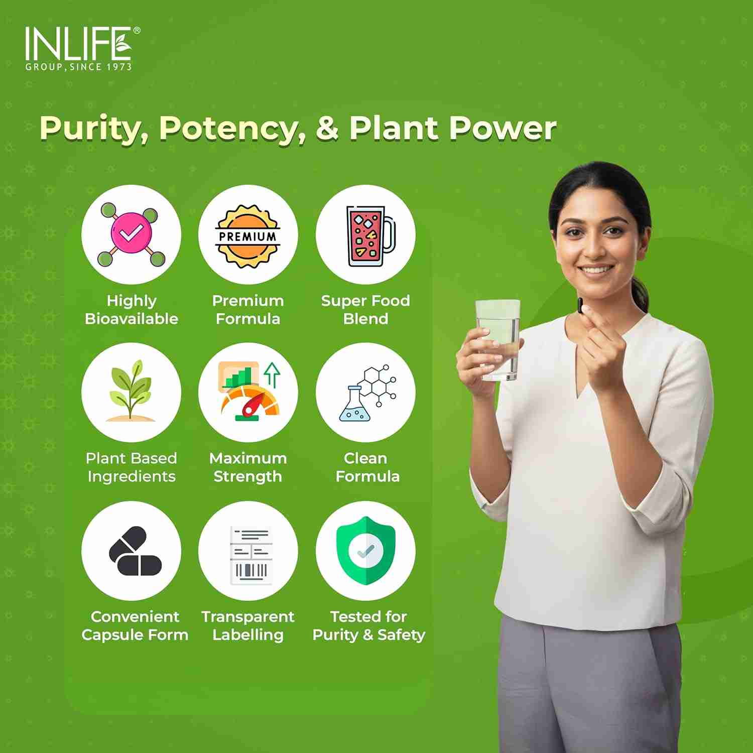 Inlife | Plant Based Vitamin B12 Supplements for Men & Women | Supports Nerve Health & Brain Health | Superfood Formula | B12 from Spirulina Extract | 120 Veg Cap (Pack of 1, 120)