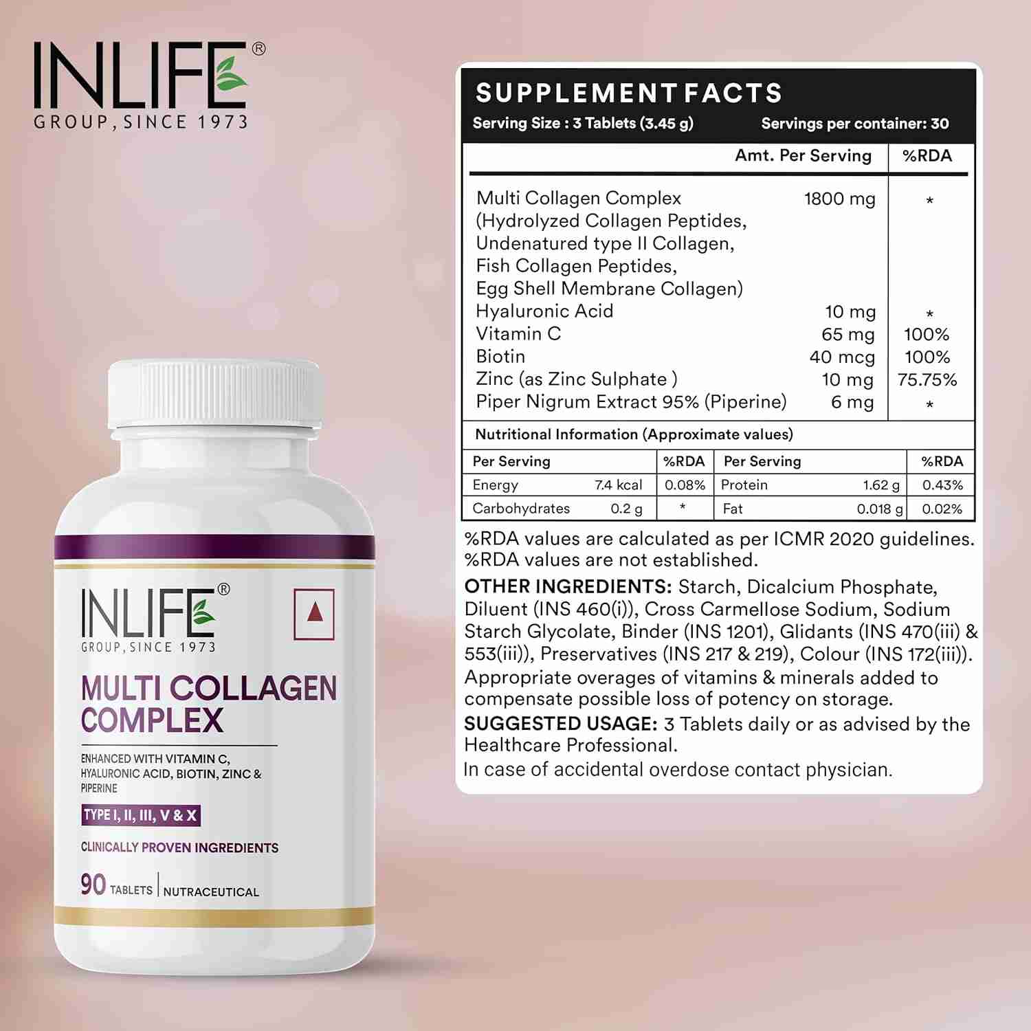 Inlife | Multi Collagen Complex Tablets | 5 Types Peptides I, II, III, V & X with Biotin, Hyaluronic Acid, Piperine for Skin and Hair | Collagen Powder Supplements for Women & Men | 90 Tablets (Pack of 1, 90)