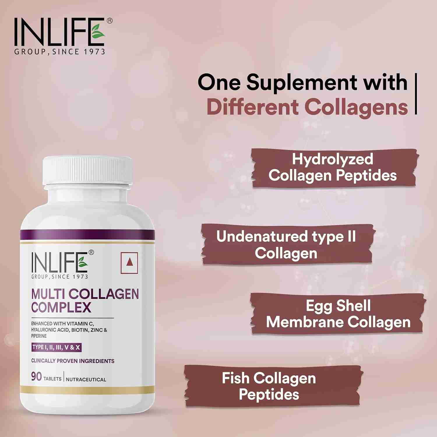 Inlife | Multi Collagen Complex Tablets | 5 Types Peptides I, II, III, V & X with Biotin, Hyaluronic Acid, Piperine for Skin and Hair | Collagen Powder Supplements for Women & Men | 90 Tablets (Pack of 1, 90)