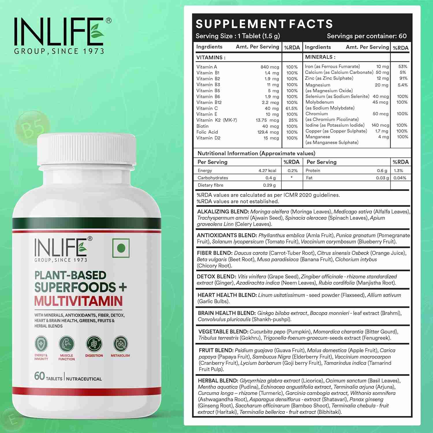 Inlife | Plant Based Multivitamin Tablets for Men & Women | 75+ Ingredients with Vitamins B12, D3, Superfoods, Greens, Vegetables, Fruits & Herbs Supplement for Immuntiy | 60 Tablets