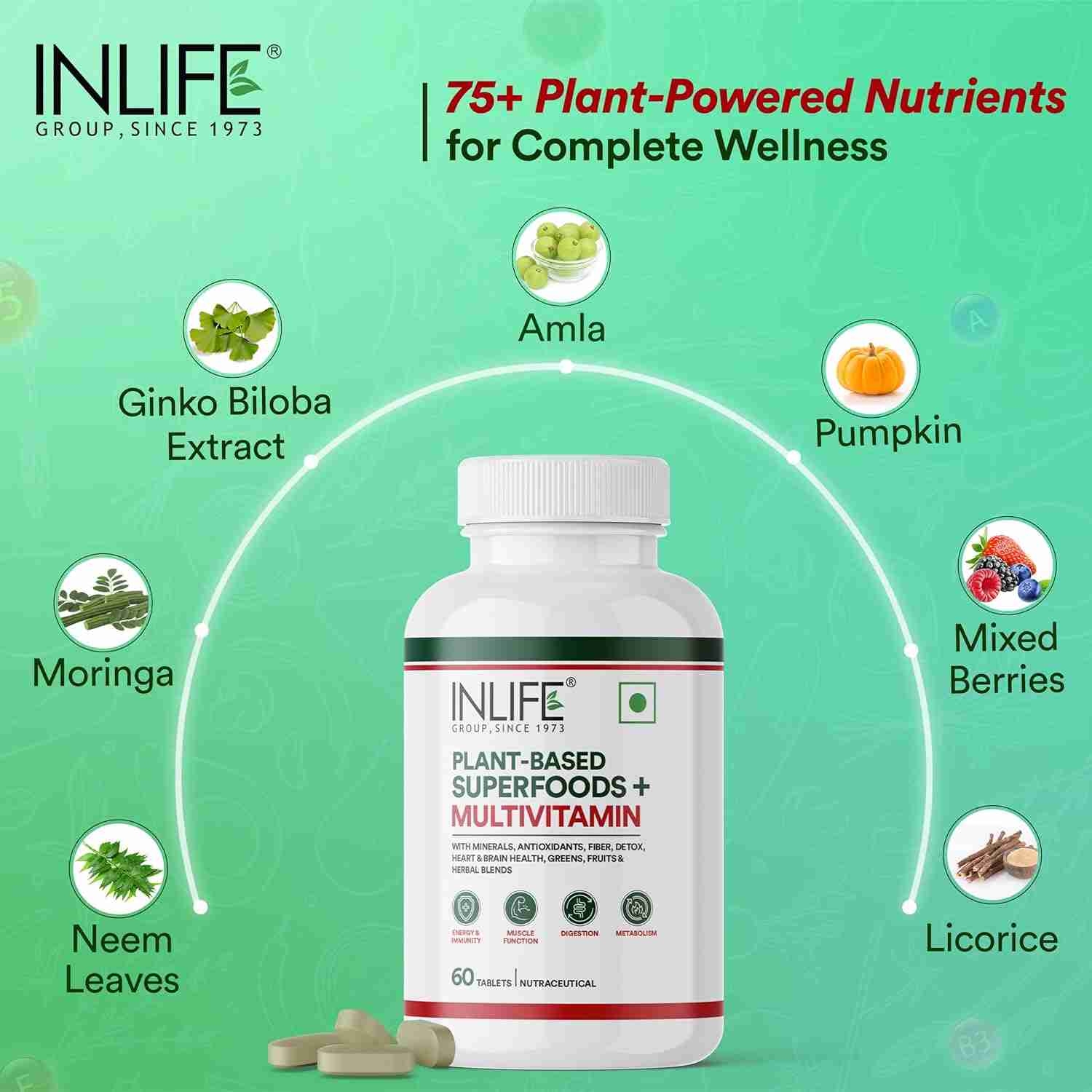 Inlife | Plant Based Multivitamin Tablets for Men & Women | 75+ Ingredients with Vitamins B12, D3, Superfoods, Greens, Vegetables, Fruits & Herbs Supplement for Immuntiy | 60 Tablets
