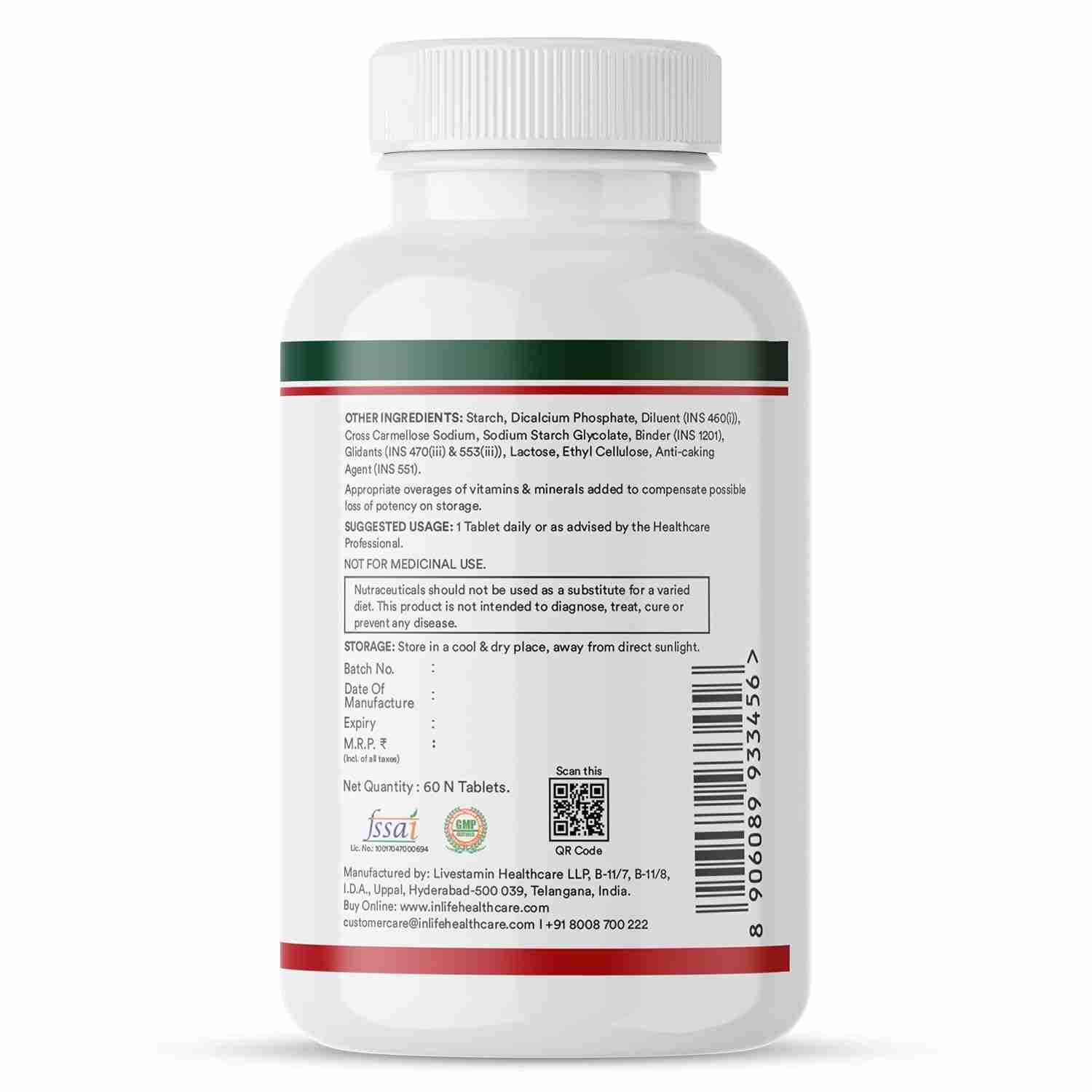 Inlife | Plant Based Multivitamin Tablets for Men & Women | 75+ Ingredients with Vitamins B12, D3, Superfoods, Greens, Vegetables, Fruits & Herbs Supplement for Immuntiy | 60 Tablets