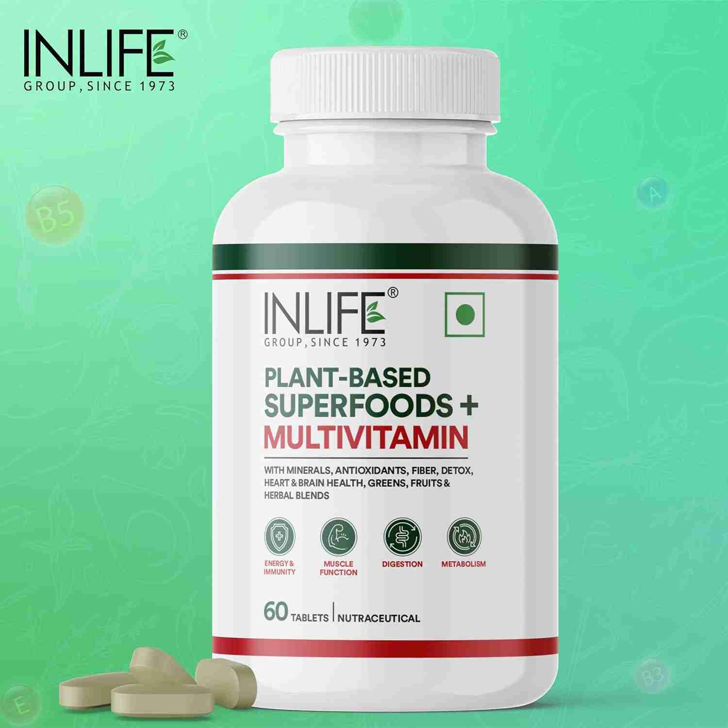 Inlife | Plant Based Multivitamin Tablets for Men & Women | 75+ Ingredients with Vitamins B12, D3, Superfoods, Greens, Vegetables, Fruits & Herbs Supplement for Immuntiy | 60 Tablets