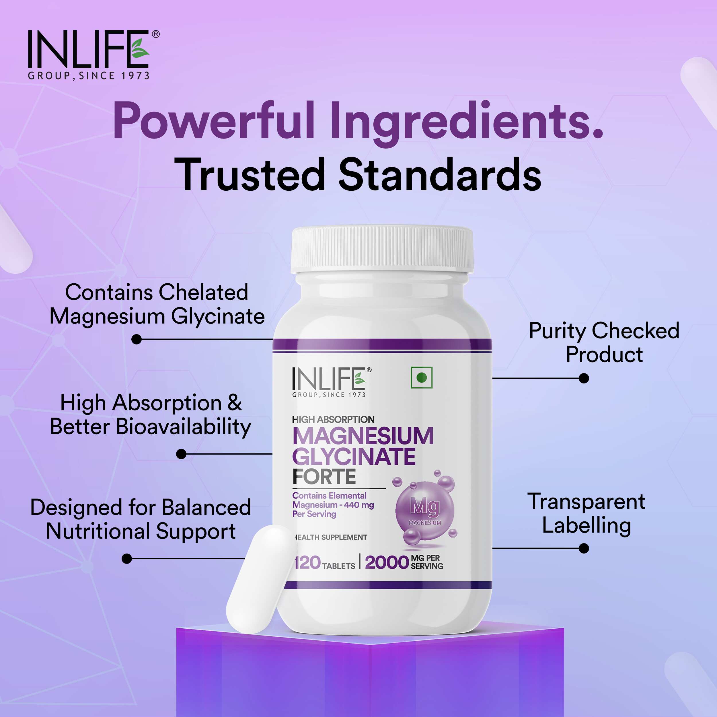 Inlife | Magnesium Glycinate 2000mg Chelated Forte | Bisglycinate Form | Muscle Recovery Sleep & Nerve Health | Men Women | 120 Tab