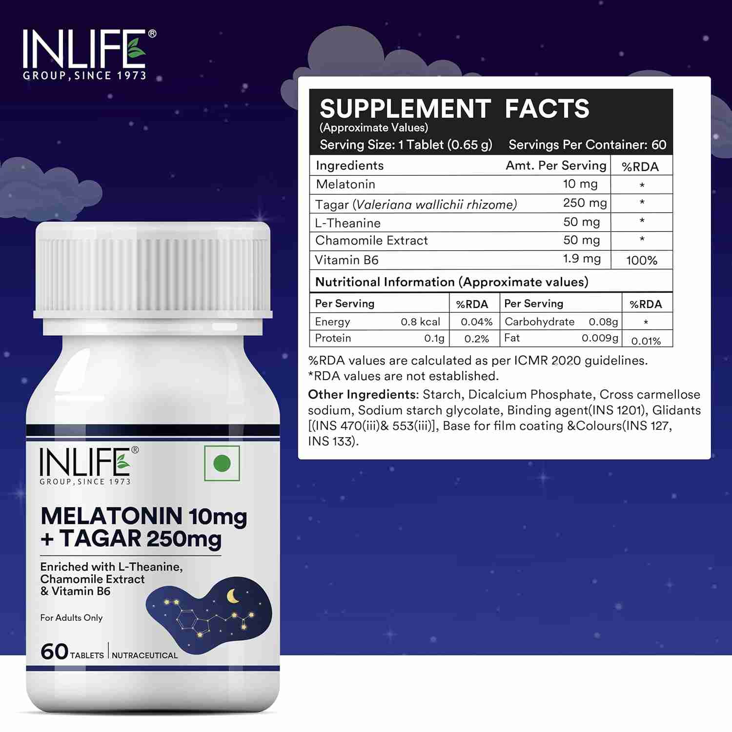 Inlife | Melatonin 10mg with Tagar 250mg | 60 Tablets | Enhanced with Vitamin B6 & Chamomile Extract | May Support Restful Sleep, Relaxation | Non|Habit Forming | Supports Eye Health