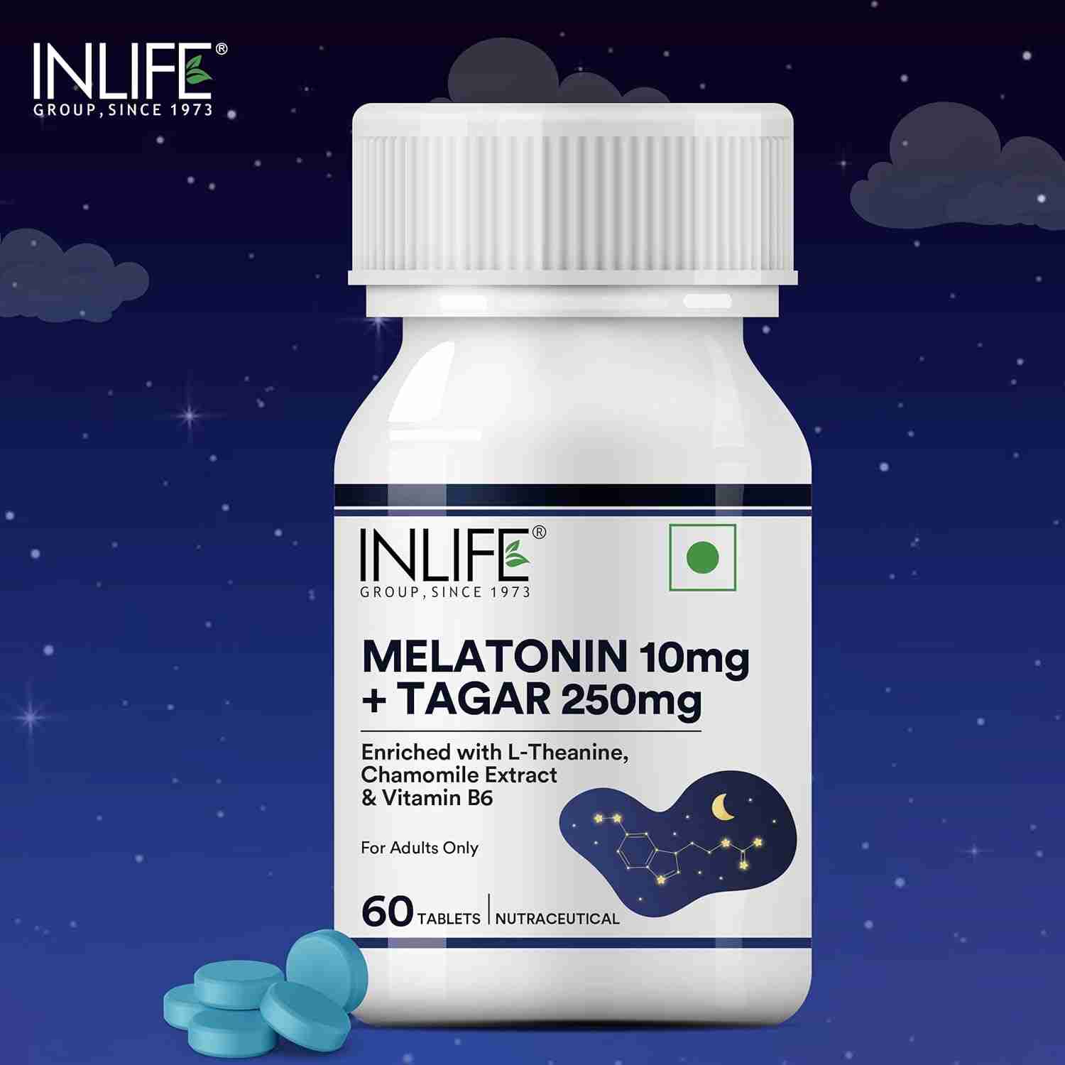 Inlife | Melatonin 10mg with Tagar 250mg | 60 Tablets | Enhanced with Vitamin B6 & Chamomile Extract | May Support Restful Sleep, Relaxation | Non|Habit Forming | Supports Eye Health