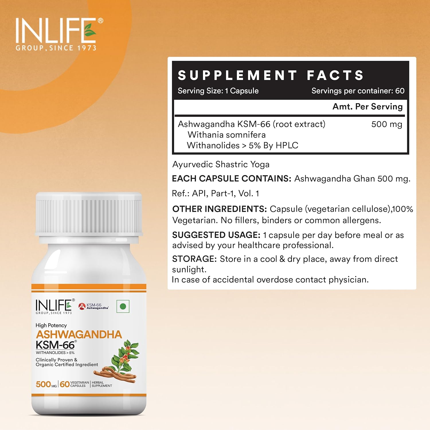 Inlife | Ashwagandha KSM|66 (500 mg) | 60 Capsules | Extra Strength Natural Formulation | Supports Strength, Energy | Withania Somnifera Extract