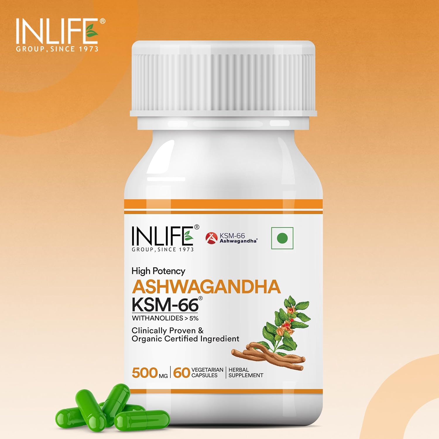 Inlife | Ashwagandha KSM|66 (500 mg) | 60 Capsules | Extra Strength Natural Formulation | Supports Strength, Energy | Withania Somnifera Extract