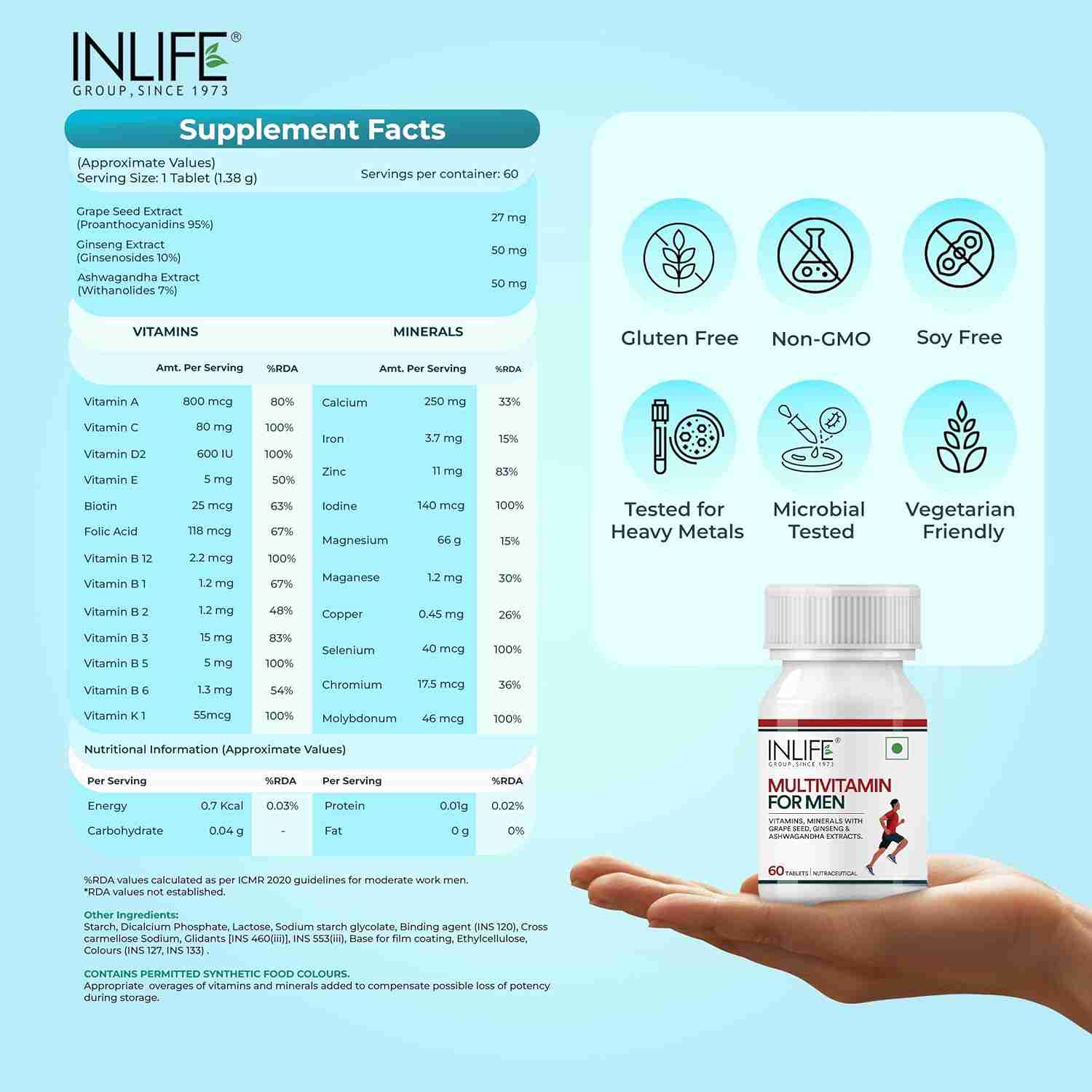 Inlife | Multivitamin Tablets for Men | 60 Tablets | Enriched with Zinc, Vitamin C, Vitamin D3, and Essential Multiminerals | Supports Energy, Stamina, and Immunity | Supports Overall Health & Wellness