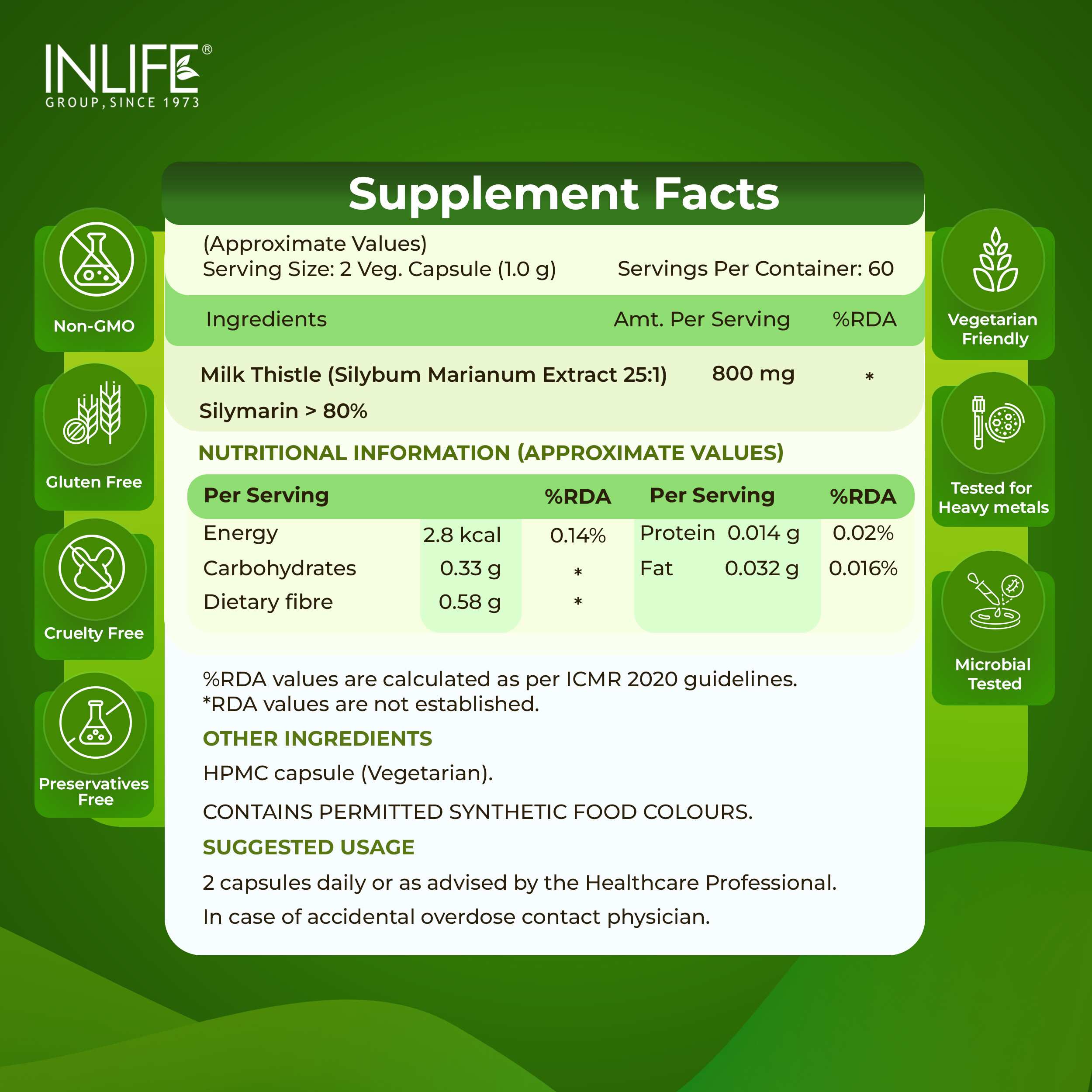 Inlife | Milk Thistle 800mg Silymarin | Silybum Marianum Extract 25:1 | Liver Health & Detox Function | Men Women | 120 Veg Cap