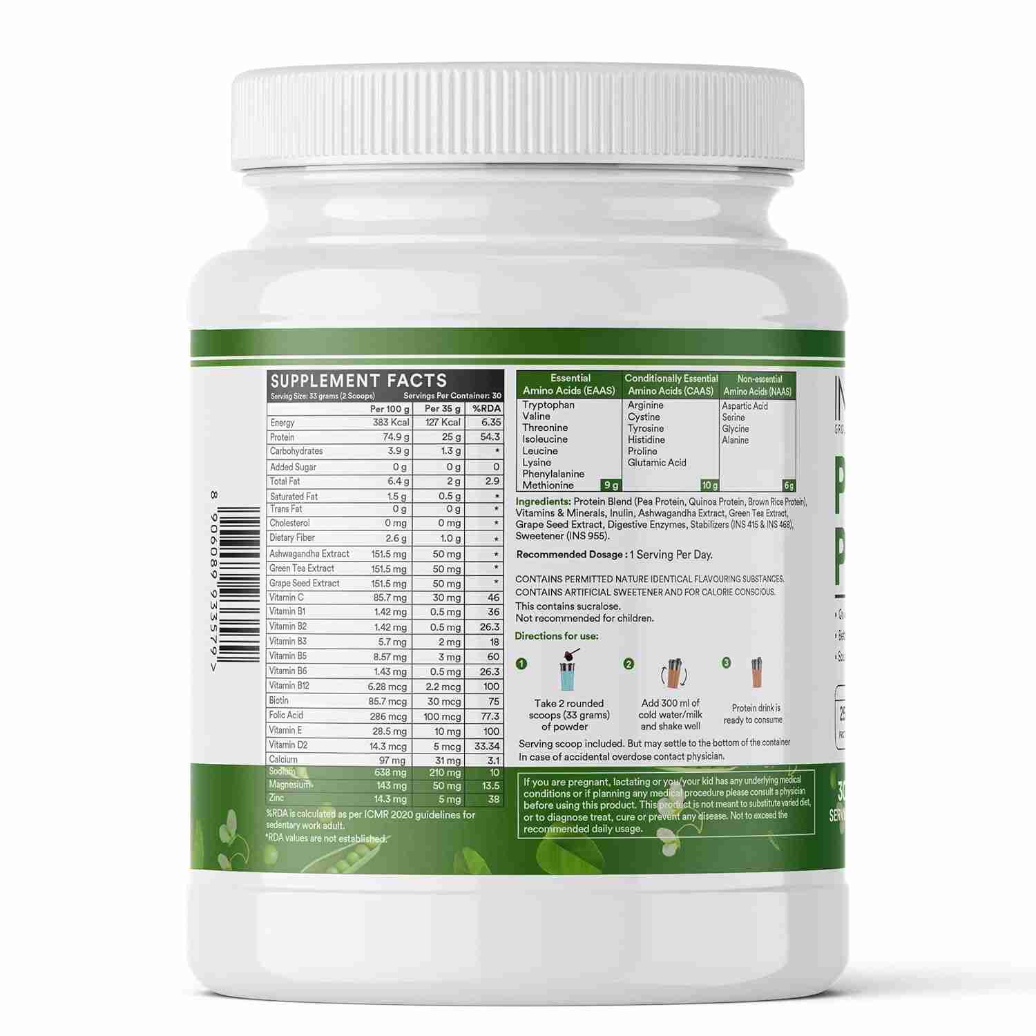 Inlife | Plant Protein Powder | Pea, Quinoa & Brown Rice | 25g Protein | Ashwagandha, Green Tea & Grape Seed Extract | Digestive Enzymes Bodybuilding Supplement (Cookies & Cream, 1kg)