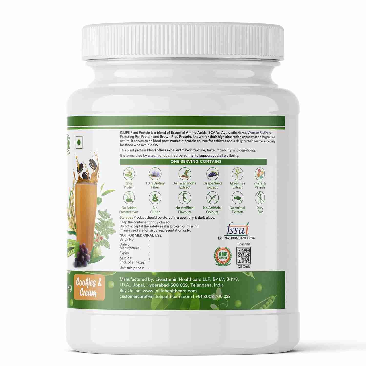 Inlife | Plant Protein Powder | Pea, Quinoa & Brown Rice | 25g Protein | Ashwagandha, Green Tea & Grape Seed Extract | Digestive Enzymes Bodybuilding Supplement (Cookies & Cream, 1kg)