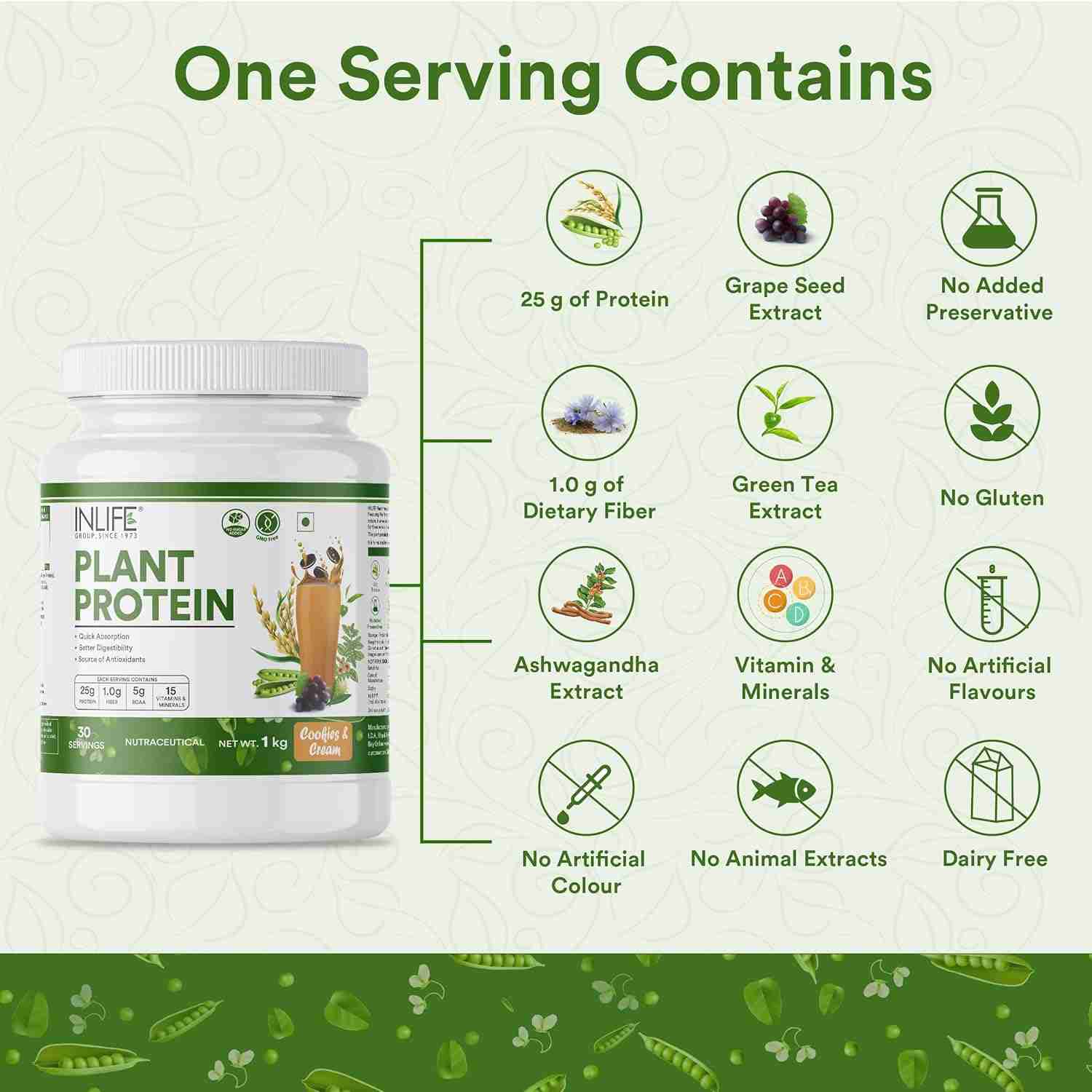 Inlife | Plant Protein Powder | Pea, Quinoa & Brown Rice | 25g Protein | Ashwagandha, Green Tea & Grape Seed Extract | Digestive Enzymes Bodybuilding Supplement (Cookies & Cream, 1kg)