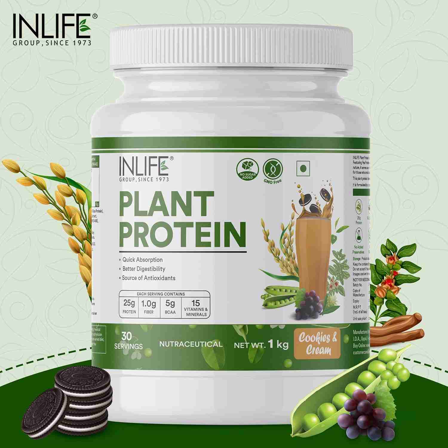 Inlife | Plant Protein Powder | Pea, Quinoa & Brown Rice | 25g Protein | Ashwagandha, Green Tea & Grape Seed Extract | Digestive Enzymes Bodybuilding Supplement (Cookies & Cream, 1kg)