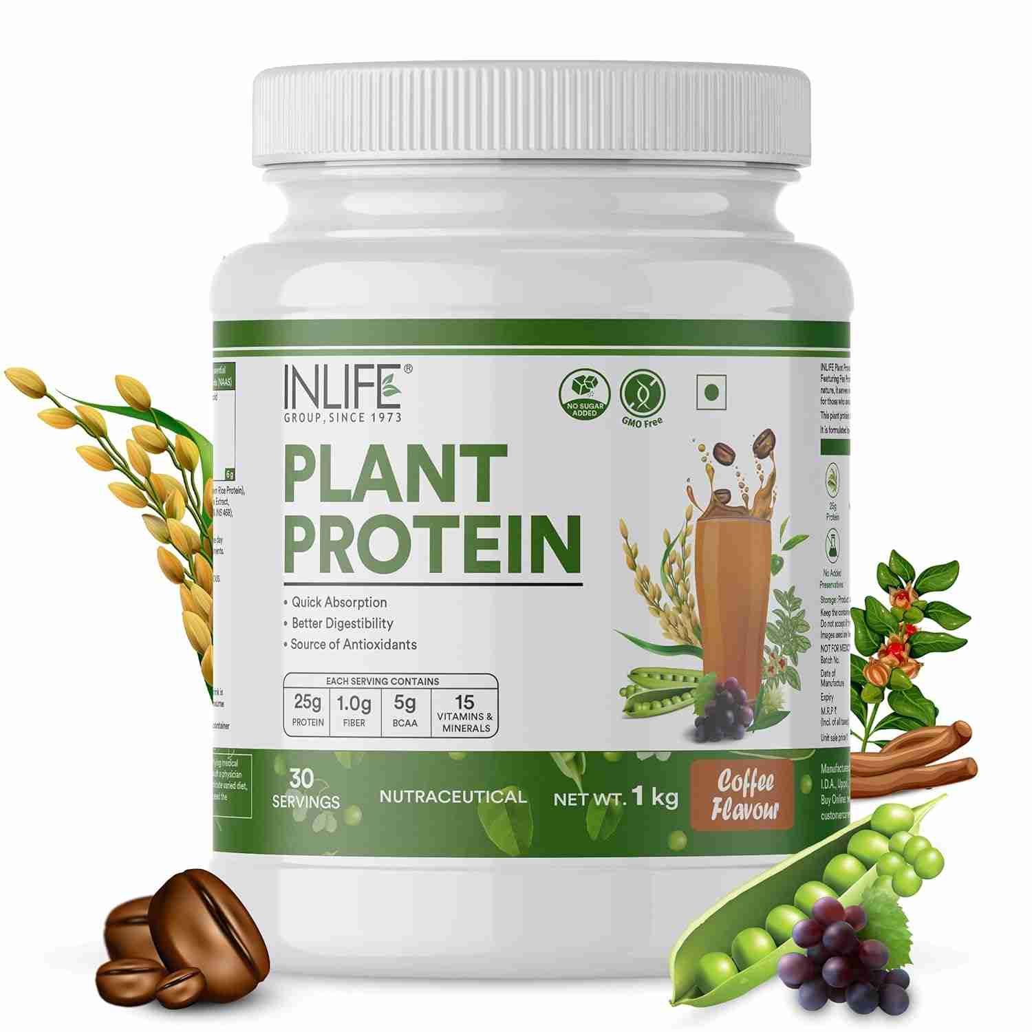 Inlife | Plant Protein Powder | Pea, Quinoa & Brown Rice | 25g Protein | Ashwagandha, Green Tea & Grape Seed Extract | Digestive Enzymes Bodybuilding Supplement (Coffee, 1kg)