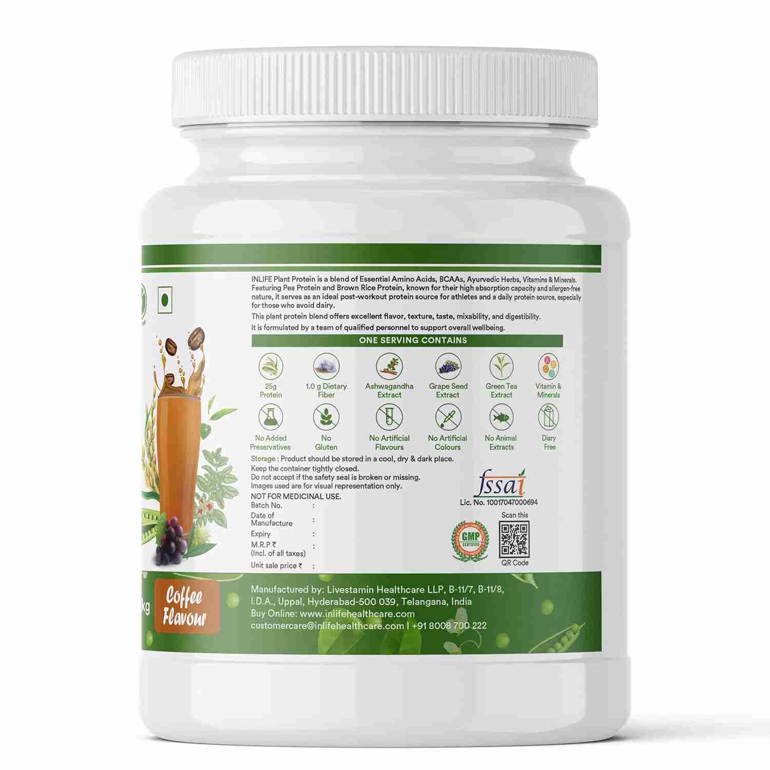 Inlife | Plant Protein Powder | Pea, Quinoa & Brown Rice | 25g Protein | Ashwagandha, Green Tea & Grape Seed Extract | Digestive Enzymes Bodybuilding Supplement (Coffee, 1kg)
