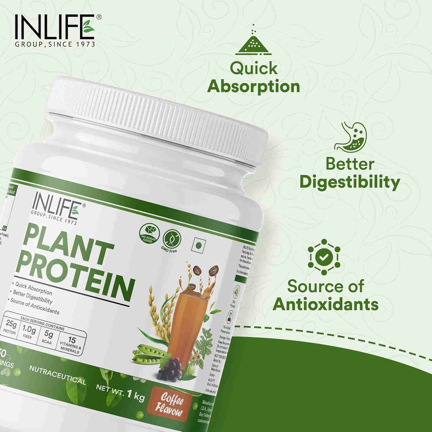 Inlife | Plant Protein Powder | Pea, Quinoa & Brown Rice | 25g Protein | Ashwagandha, Green Tea & Grape Seed Extract | Digestive Enzymes Bodybuilding Supplement (Coffee, 1kg)