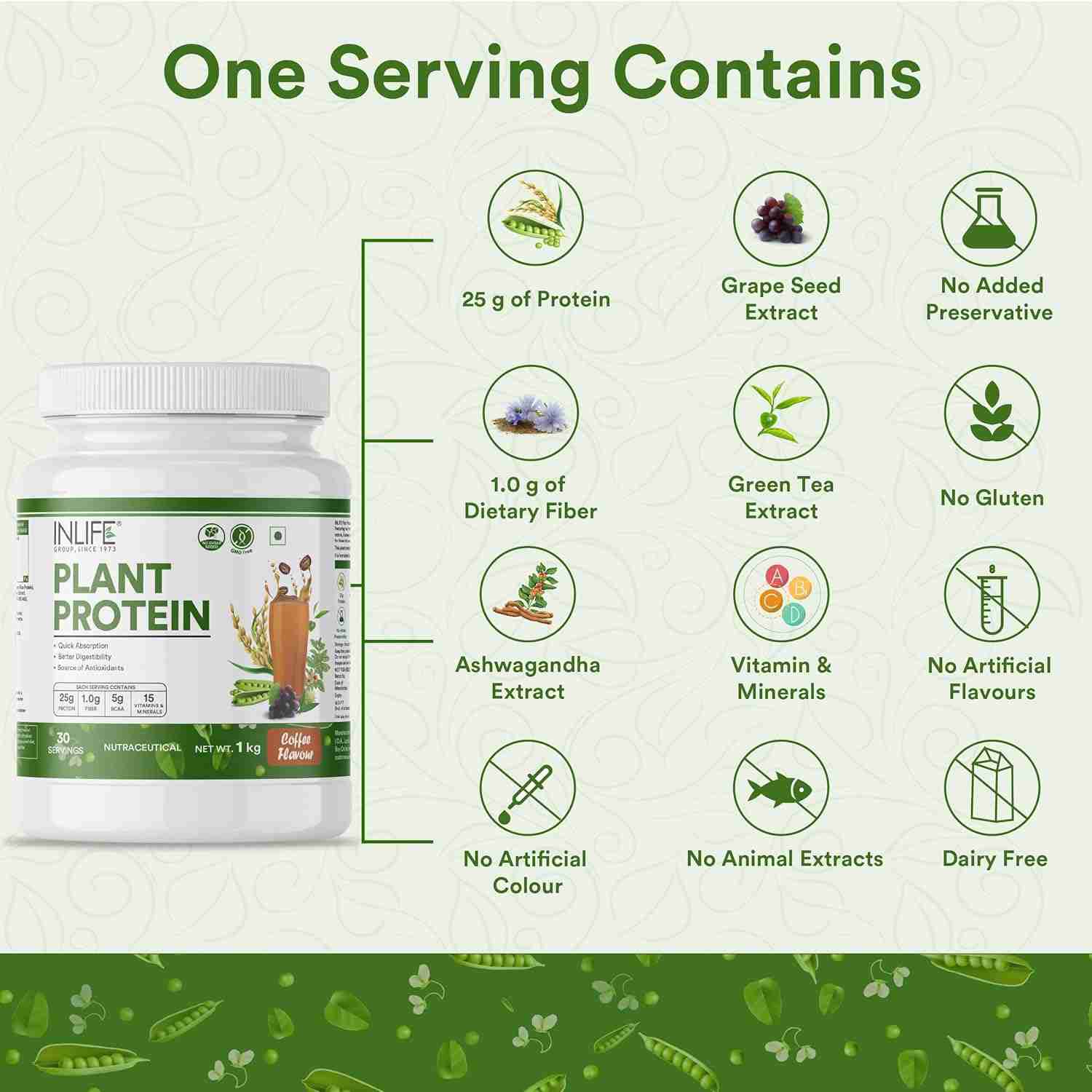 Inlife | Plant Protein Powder | Pea, Quinoa & Brown Rice | 25g Protein | Ashwagandha, Green Tea & Grape Seed Extract | Digestive Enzymes Bodybuilding Supplement (Coffee, 1kg)