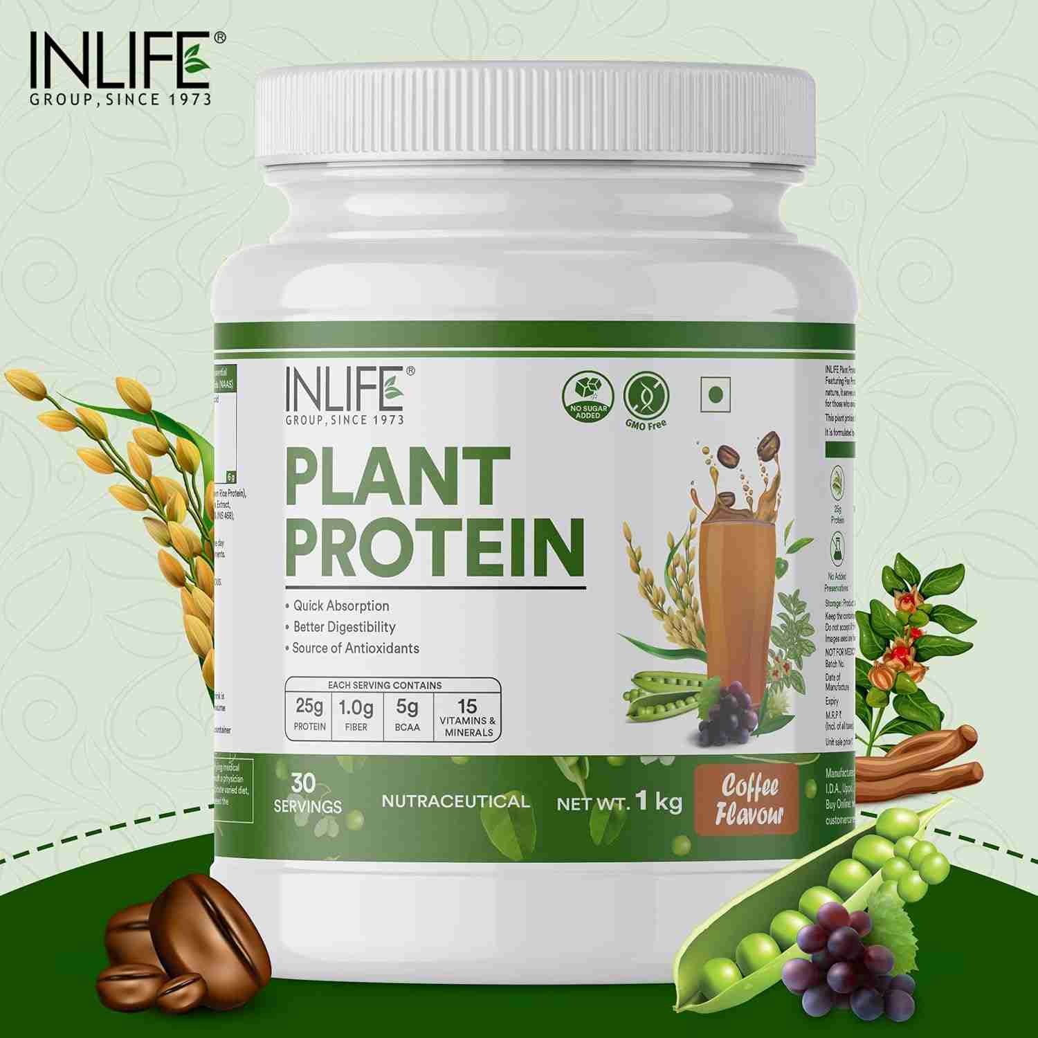 Inlife | Plant Protein Powder | Pea, Quinoa & Brown Rice | 25g Protein | Ashwagandha, Green Tea & Grape Seed Extract | Digestive Enzymes Bodybuilding Supplement (Coffee, 1kg)