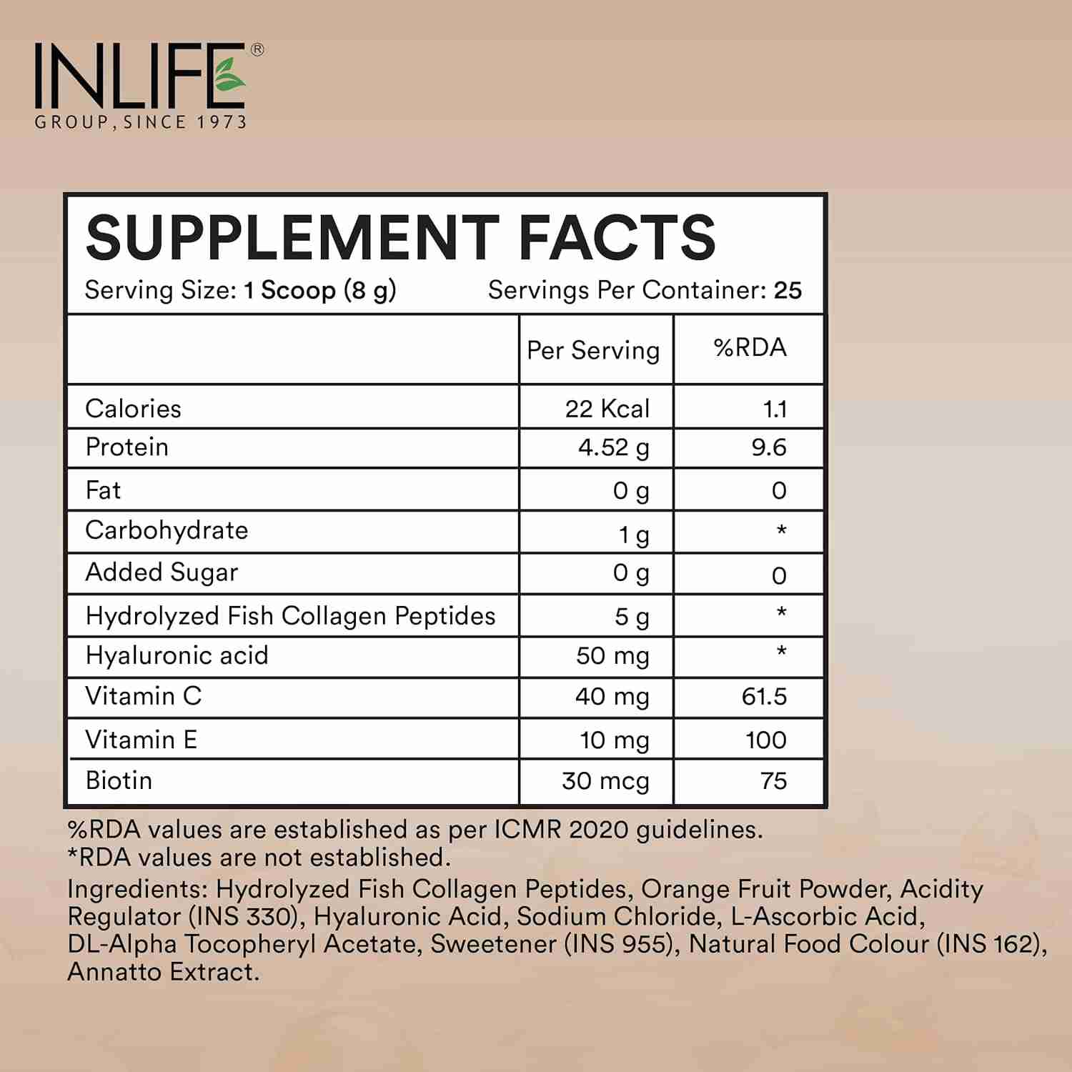 Inlife | Hydrolyzed Marine Collagen Tripeptides Supplement | Vitamin C, E, Biotin & Hyaluronic Acid | For Skin, Hair & Nails (Watermelon, 200g)