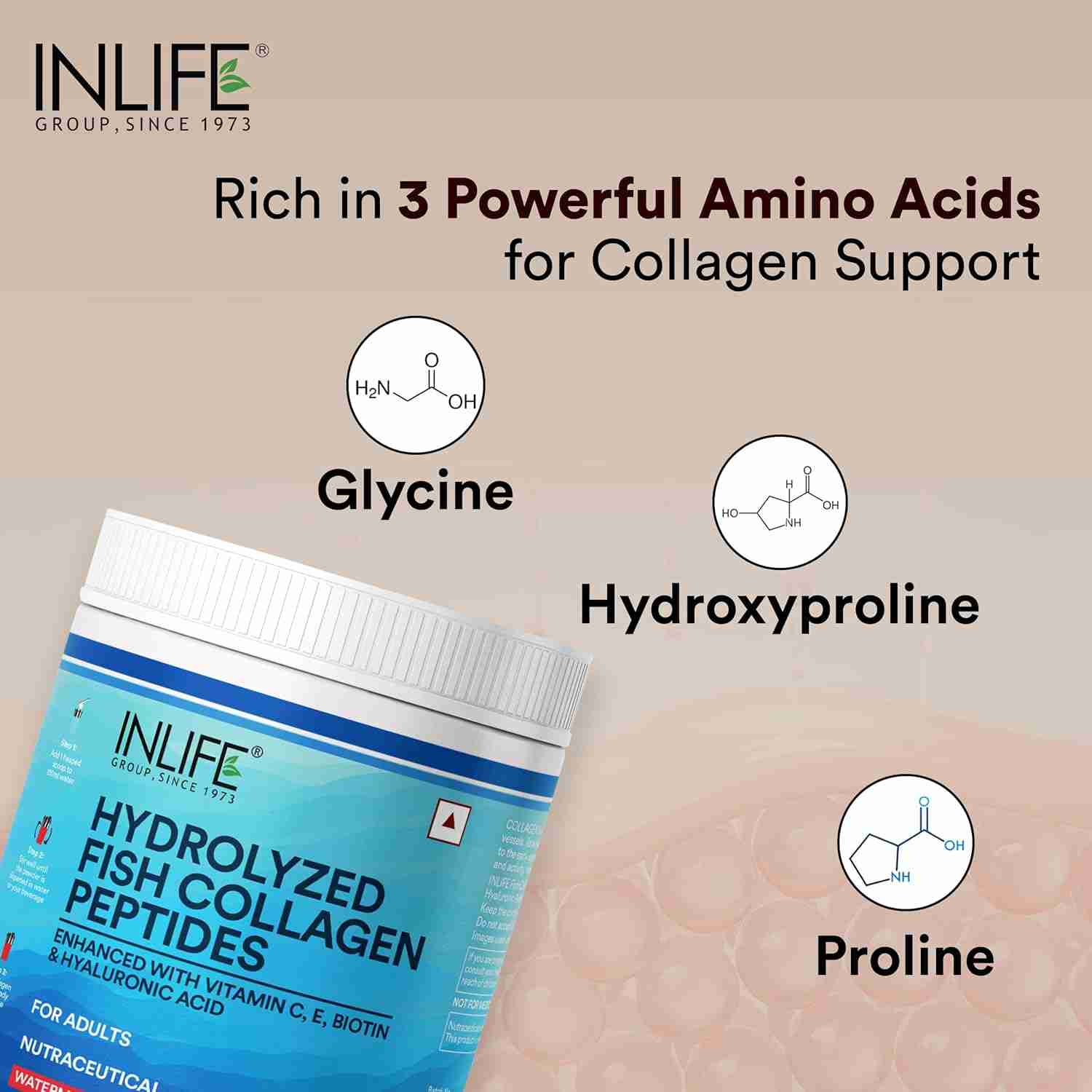 Inlife | Hydrolyzed Marine Collagen Tripeptides Supplement | Vitamin C, E, Biotin & Hyaluronic Acid | For Skin, Hair & Nails (Watermelon, 200g)
