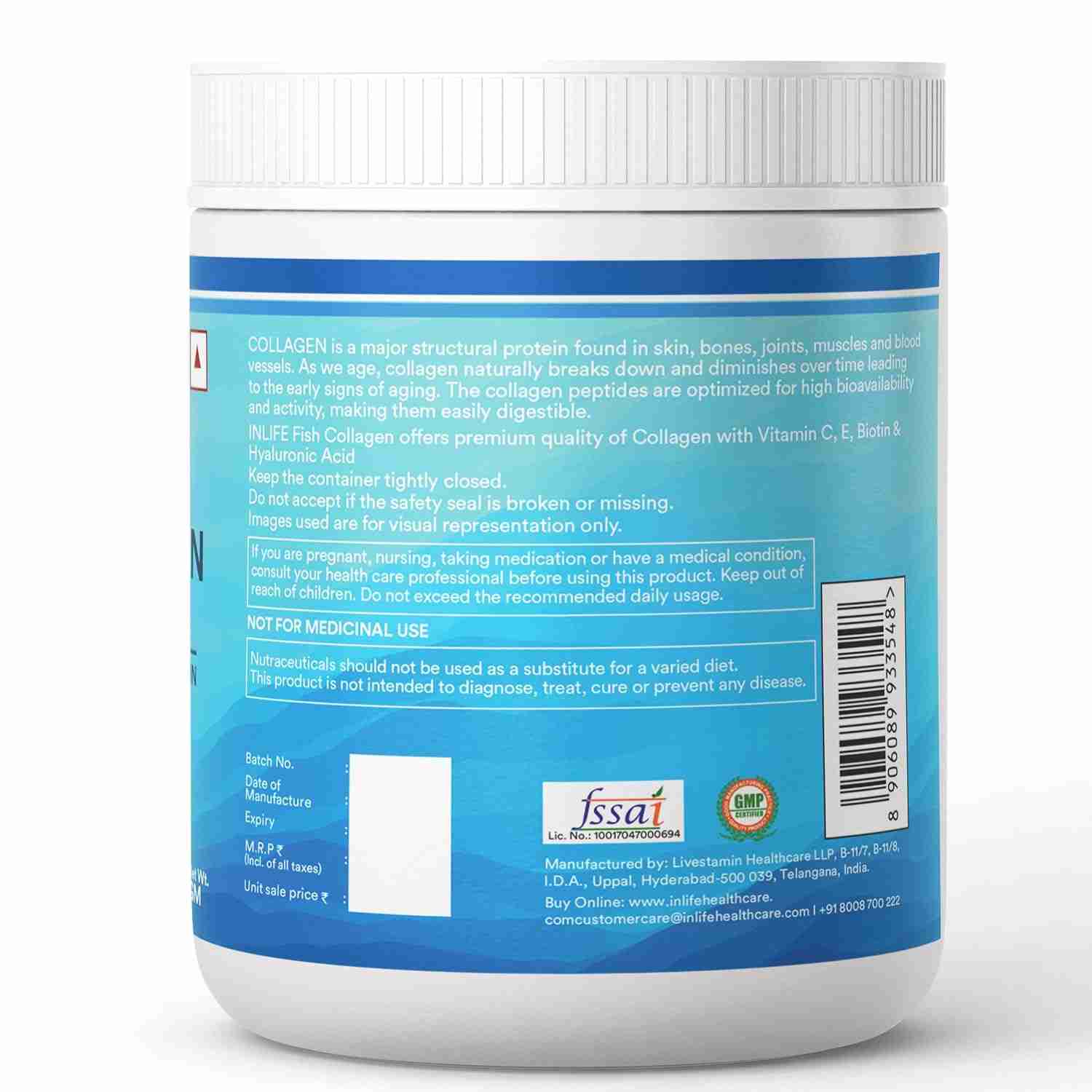 Inlife | Hydrolyzed Marine Collagen Tripeptides Supplement | Vitamin C, E, Biotin & Hyaluronic Acid | For Skin, Hair & Nails (Watermelon, 200g)