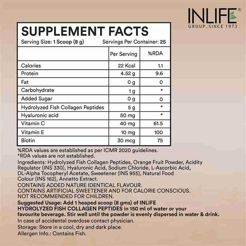 Inlife | Hydrolyzed Marine Collagen Tripeptides Supplement | Vitamin C, E, Biotin & Hyaluronic Acid | For Skin, Hair & Nails (Orange, 200g)