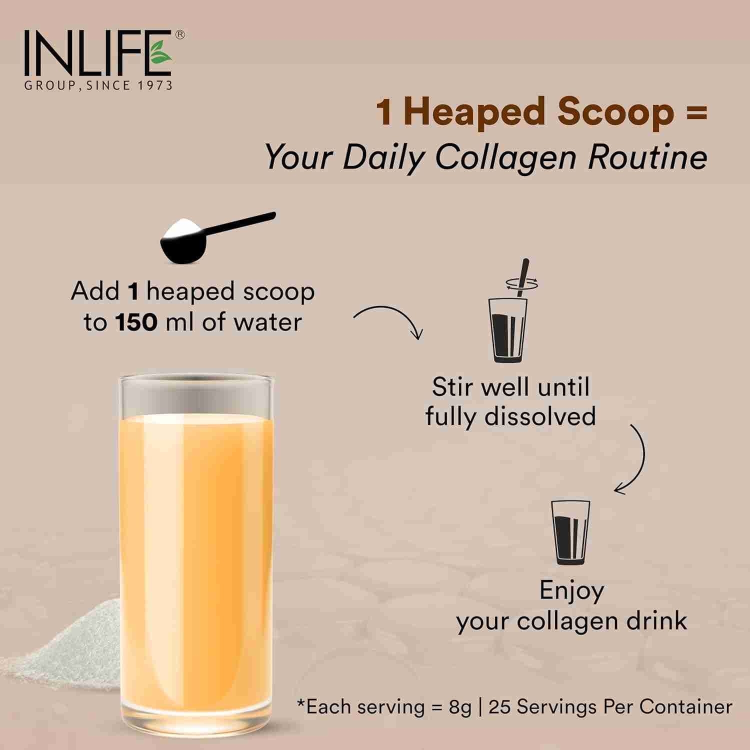 Inlife | Hydrolyzed Marine Collagen Tripeptides Supplement | Vitamin C, E, Biotin & Hyaluronic Acid | For Skin, Hair & Nails (Orange, 200g)