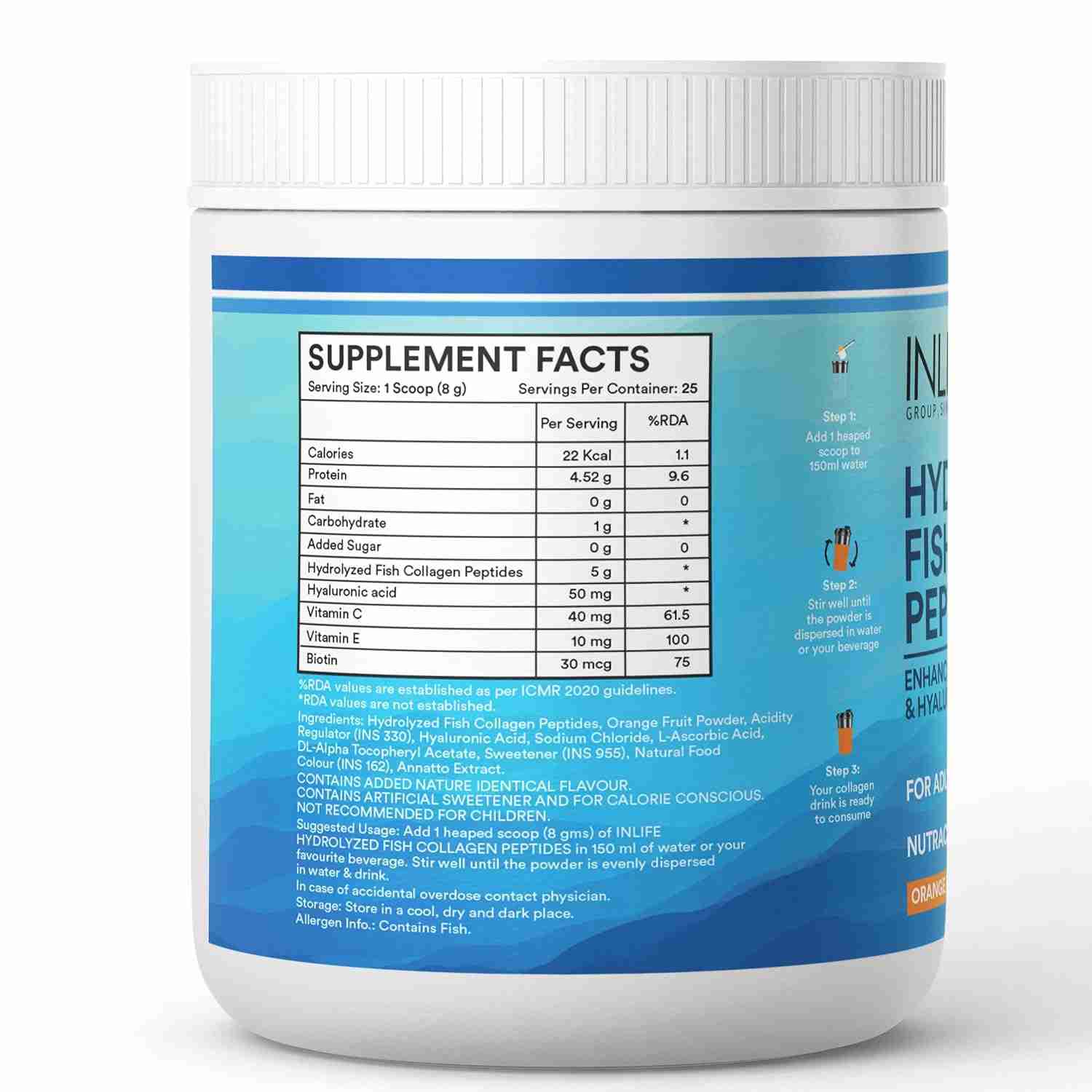 Inlife | Hydrolyzed Marine Collagen Tripeptides Supplement | Vitamin C, E, Biotin & Hyaluronic Acid | For Skin, Hair & Nails (Orange, 200g)