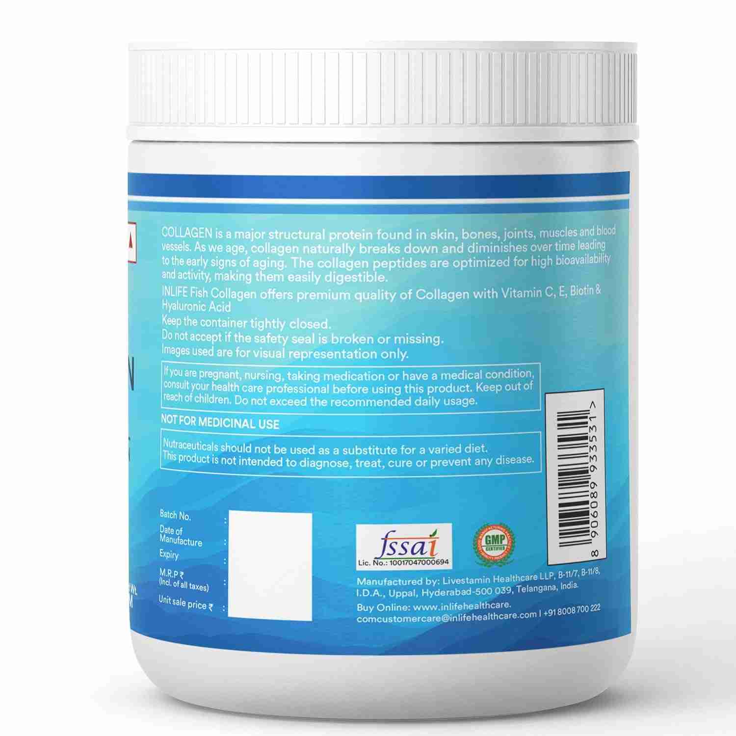 Inlife | Hydrolyzed Marine Collagen Tripeptides Supplement | Vitamin C, E, Biotin & Hyaluronic Acid | For Skin, Hair & Nails (Orange, 200g)