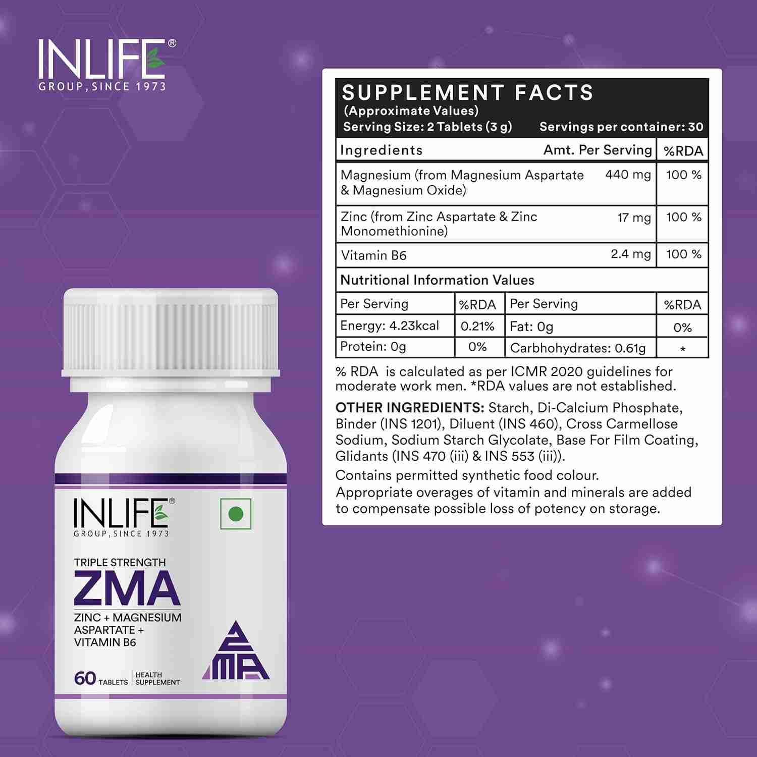 Inlife | ZMA (Zinc Magnesium Aspartate & Vitamin B6) For Men And Women | For Muscle Strength, Recovery, Sleep, Immune Support | 60 Tablets