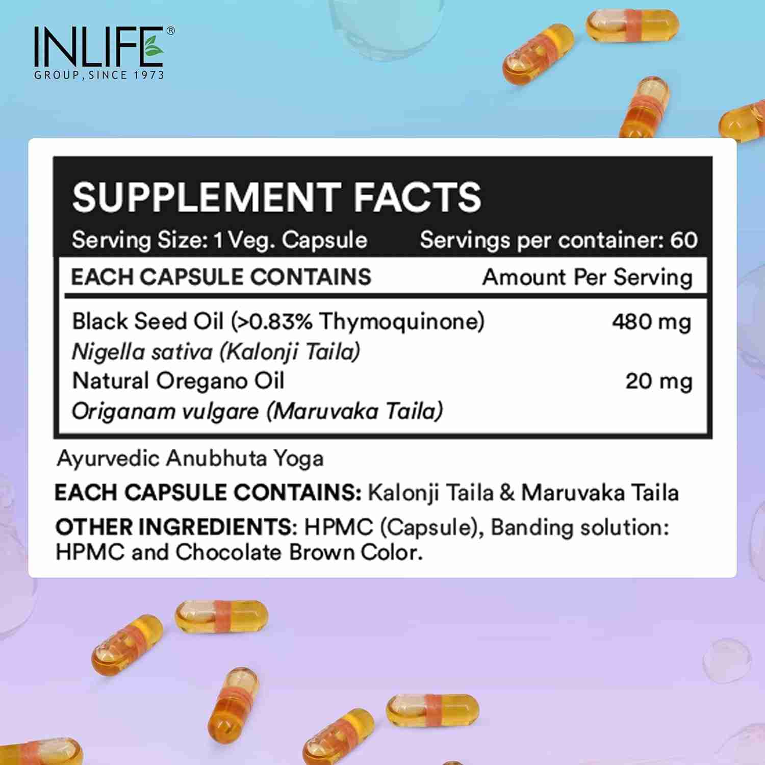 Inlife | Black Seed Oil (480 mg) & Oregano Oil (20 mg, 50:1) | Extra Virgin Cold|Pressed | Antioxidant, Immune & Wellness Support | 60 Liquid Filled Veg Capsules